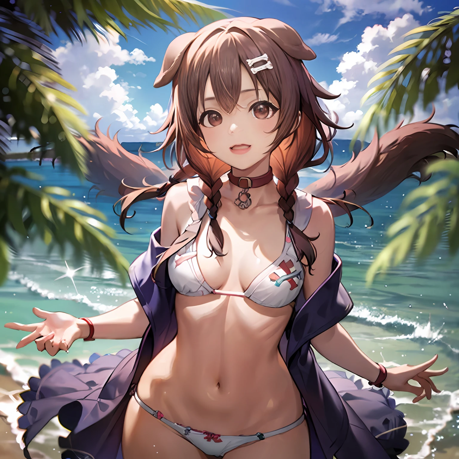 panoramic, a woman in the beach, IK4, Animal ears, swimsuit, korone,IK4, Animal ears, swimsuit, Wear only white panties
 Dog ears, Brown dog tail, full bodyesbian, big assa, small boobs, retail, cinematic lighitnglamplight, Illuminated edges, 超高分辨率, Perfect anatomy (Small breasts), beautiful hips and stomach, Beautiful face, Beautiful hands, high-resolution beautiful eyes, character concept, Perfect anatomy, Focus, Dynamic, High details, Very detailed l, sharp soft focus,art,