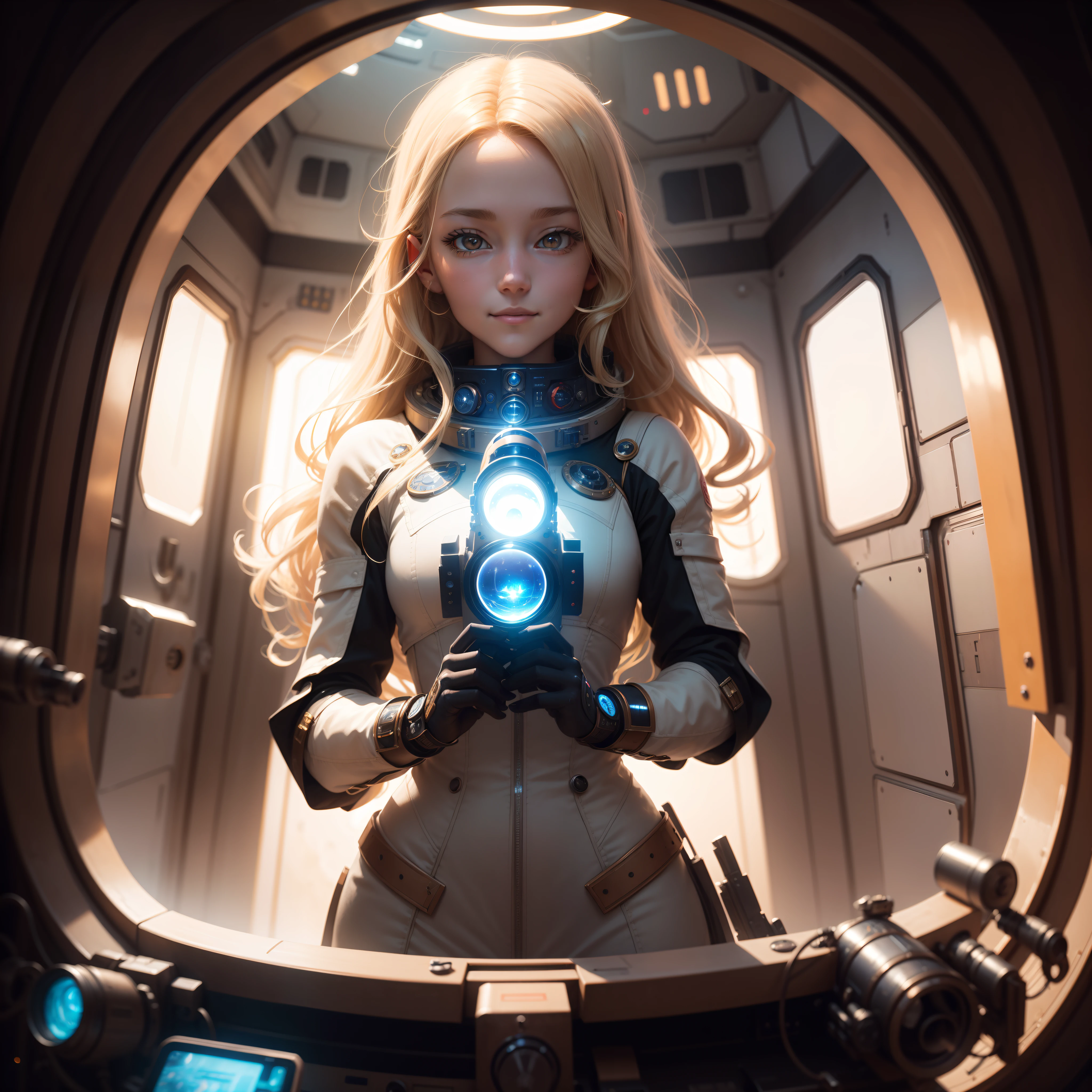 (masterpiece), selfie, centered, Instagram able, steampunk astronaut 1girl, cute smile, red ribbon, long wavy hair, blonde hair, red eyes, steampunk spaceship interior, space background, stray hair, fisheye effect, backlight, dynamic lighting, reflection, depth of field, ultra detailed, intricate, (epic composition, epic proportion), professional work, FF, mecha,