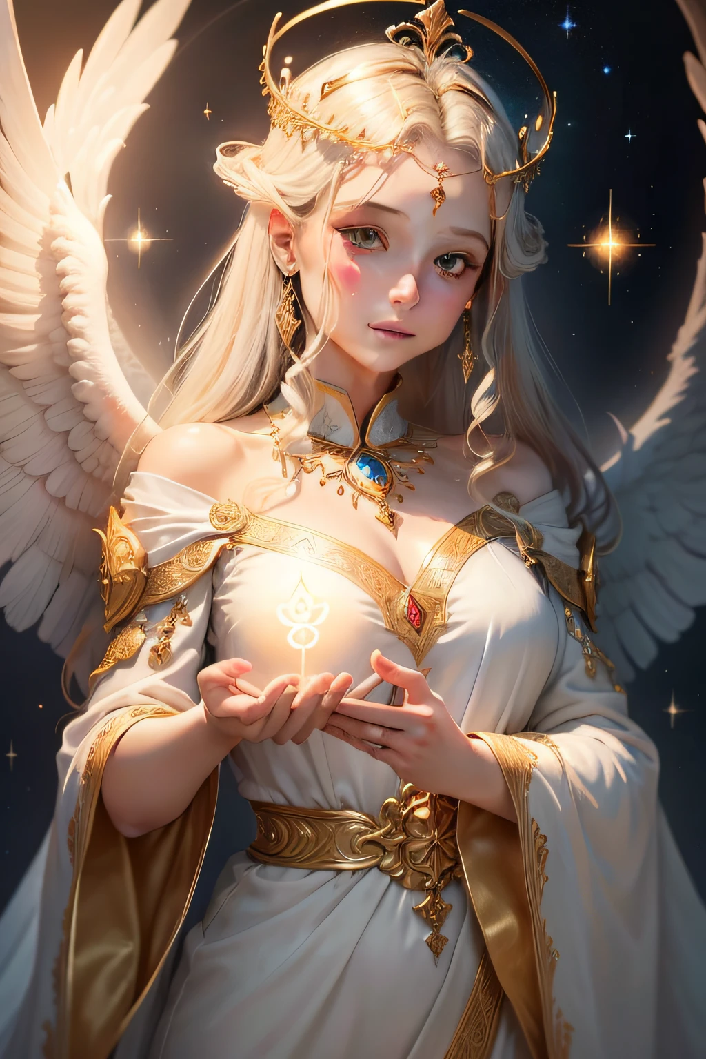 realistic, (surreal:1.2), beautiful, masterpiece, best quality, extremely detailed face, perfect lighting, beautiful hands, perfect hands, celestial brilliant divine and radiant angels, (existence of heaven: 1.2), (serene expression), (majestic wings), (ethereal light: 1.1), (peace and comfort), (transcendent beauty), (divine grace), (symbol of purity), (golden halo), (uplifting atmosphere), (celestial realm), (spiritual enlightenment), (gentleness and peace Protective), (Illumination: 1.2), (Serafi Figures), (Harmony and Serenity), (Angelic Robe), (Eternity and Celestial Bodies), (Enchanting Aura), (Healing and Guidance)