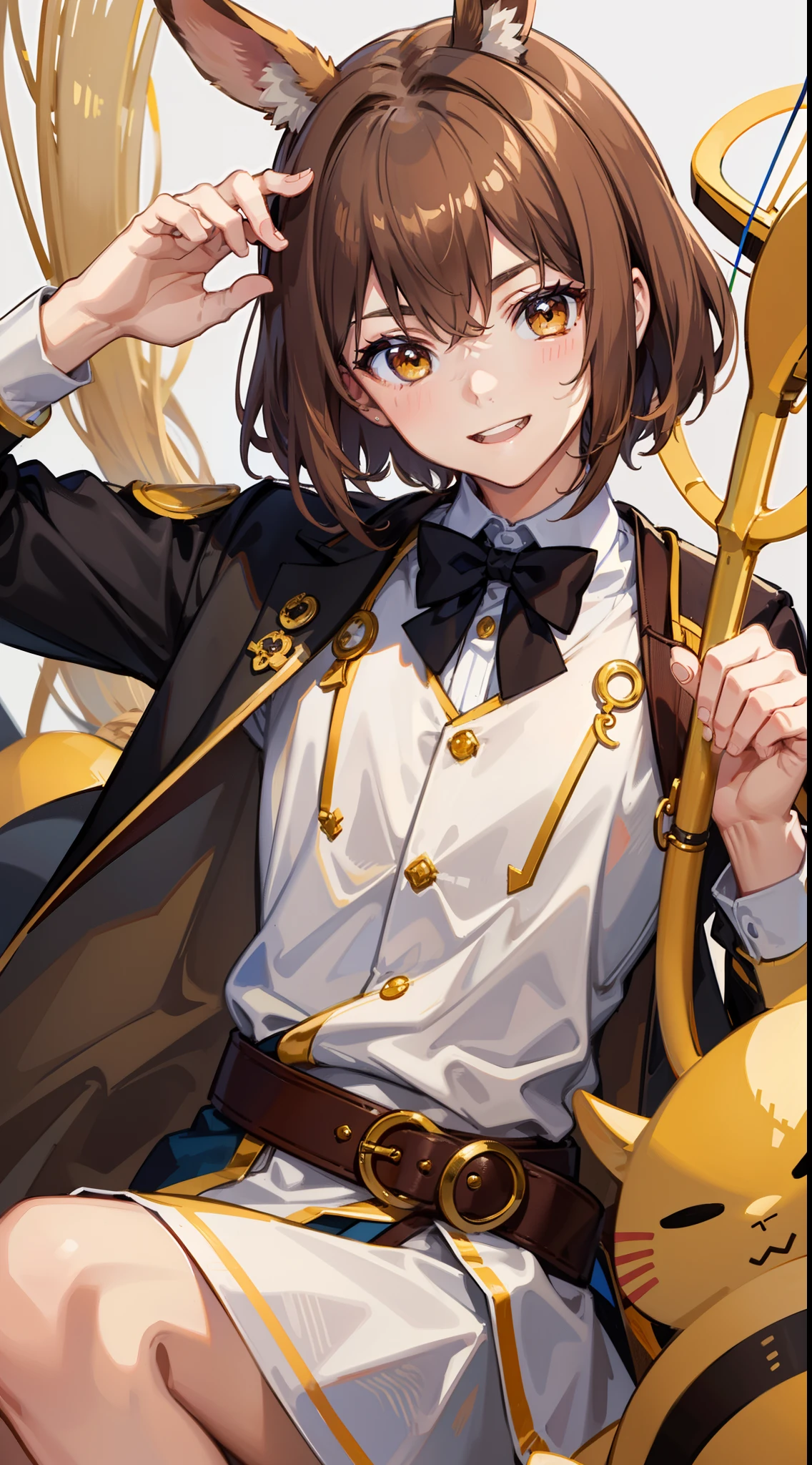 Young guy, Brown hair with blonde strands, Yellow eyes, brown rabbit ears, Smile, Bow and arrow, Masterpiece, hiquality