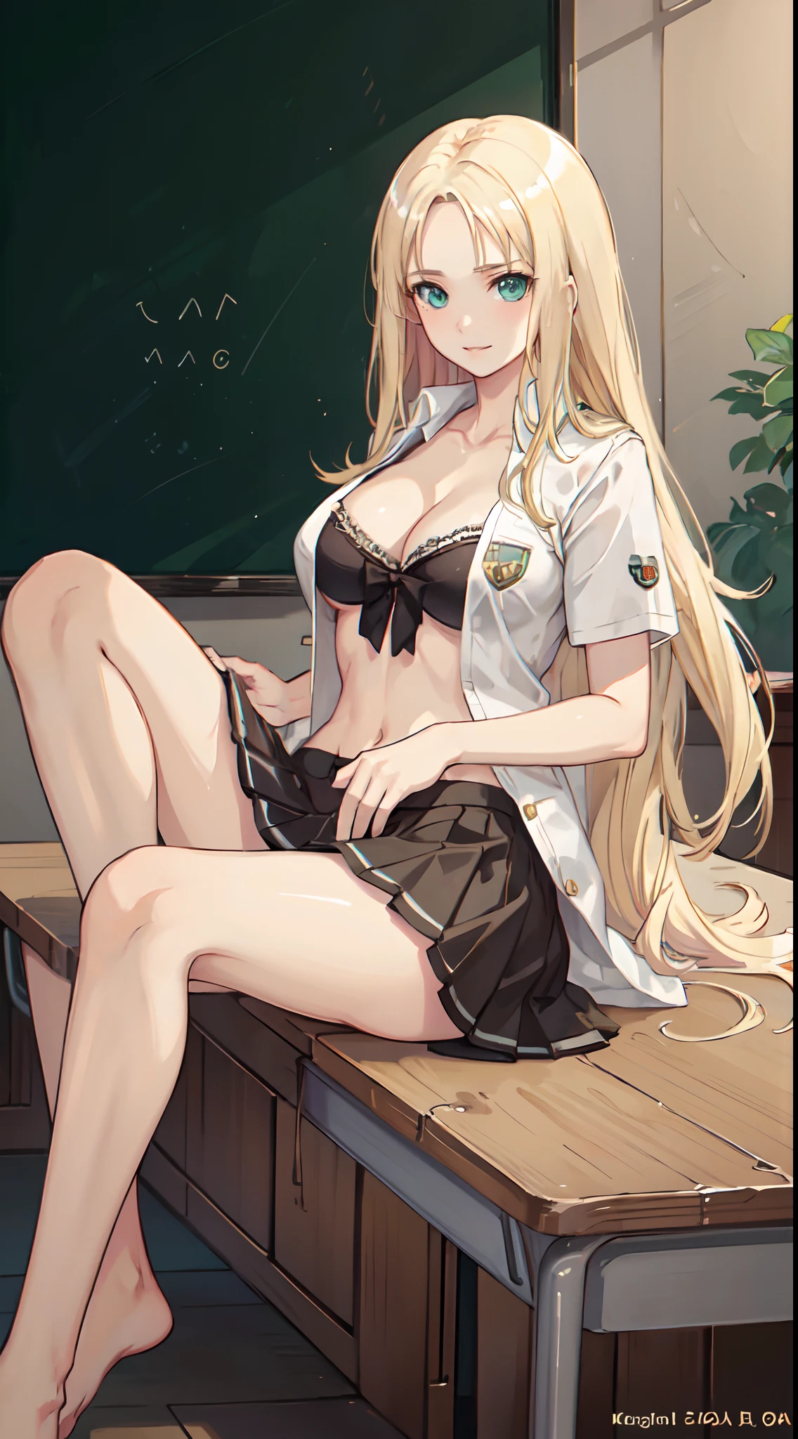 blonde hair, long hair, green eyes, happy, school uniform, short skirt, medium breast, cleavage, classroom, slim legs, navel, open clothes, lying