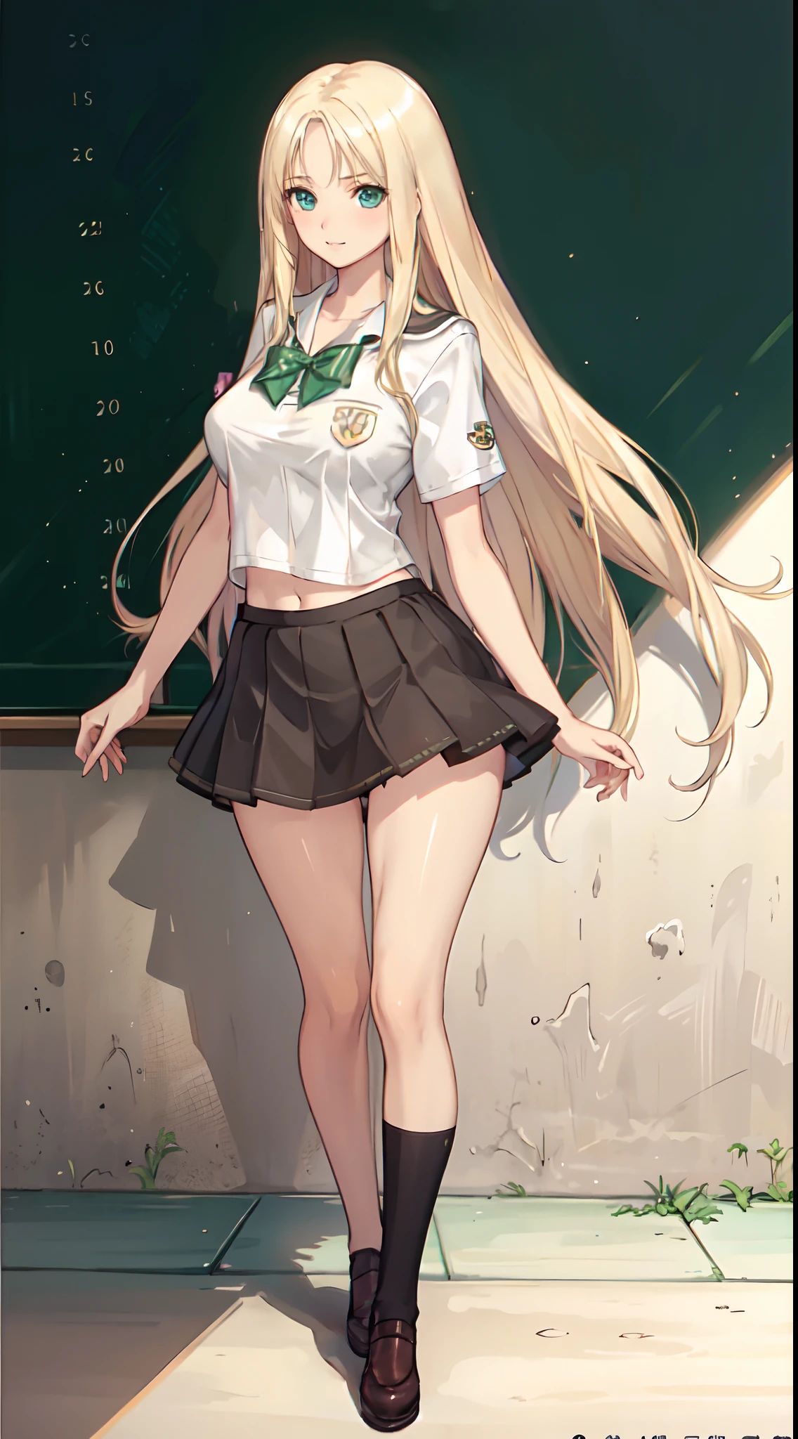 blonde hair, long hair, green eyes, happy, school uniform, short skirt, medium breast, cleavage, classroom, slim legs, navel, open clothes, lying