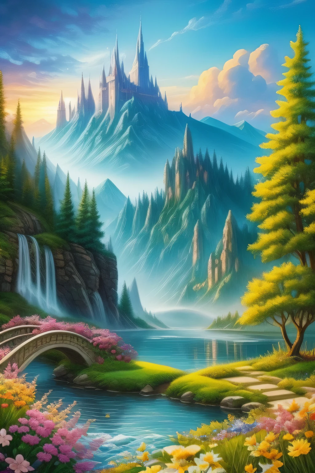 (extremely detailed CG unity 8k wallpaper),(((masterpiece))), (((best quality))), ((ultra-detailed)), (best illustration),(best shadow), ((an extremely delicate and beautiful)),dynamic angle,floating,
The detailed castle, (((the best building))),
mist encircles the mountains,fairyland,dynamic angle,classic,(detailed light),feather, nature, (sunlight), river, forest,flowers,beautiful and delicate water,(painting),(sketch),(bloom),(shine)