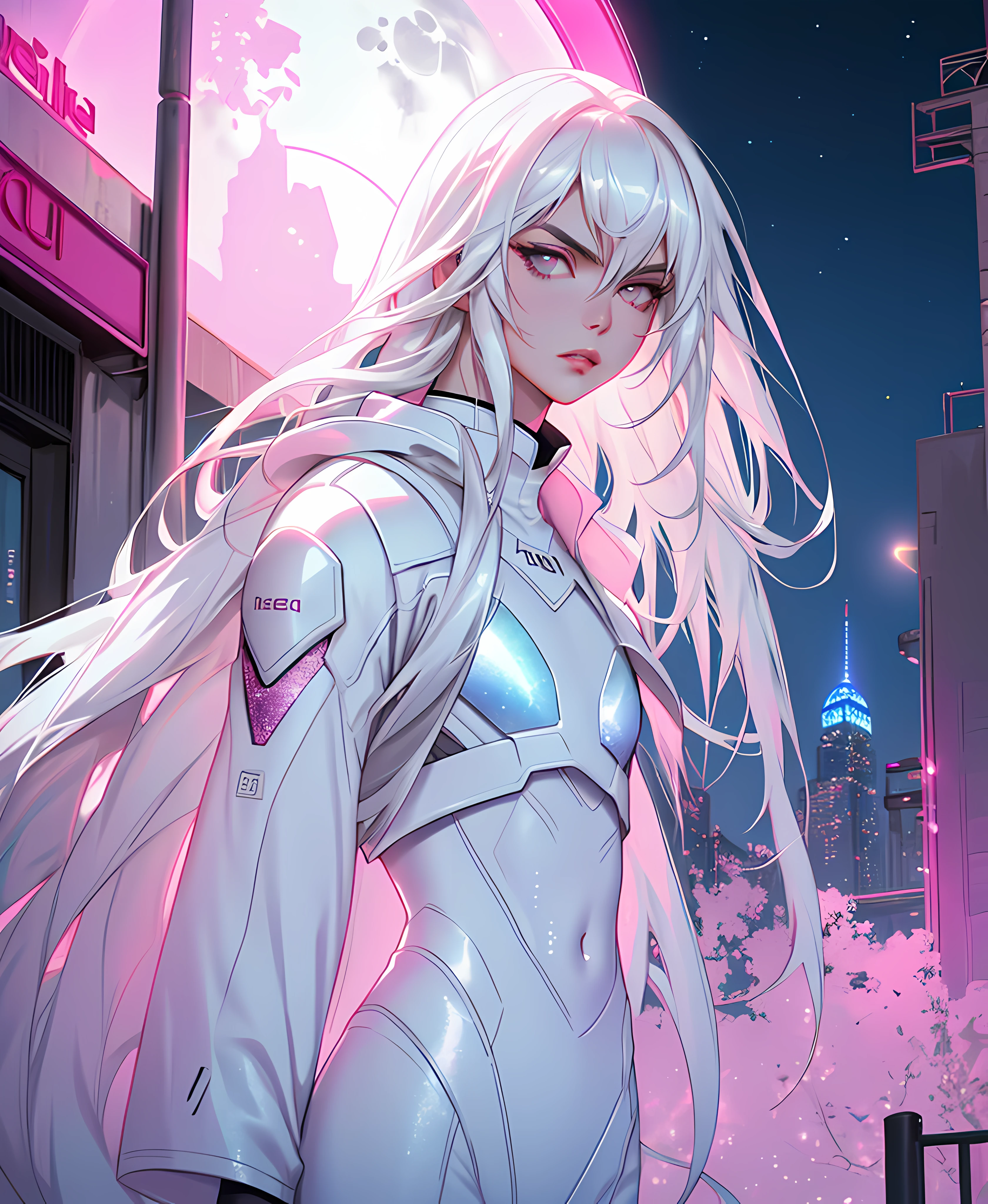 masterpiece, highest quality, (solo focus), (perfect face:1.1), (high detail:1.1), dramatic, 1guy, (pale skin), long white hair, white eyes, [light eyebrows], solo, long hair, moon, night, white luxury suit, covered navel, pouty lips, covered, futuristic city, detailed background, art by artgerm, cinematic lighting, white and pink tetradic colors, cinematic lighting, roses,  balenciaga, glitter