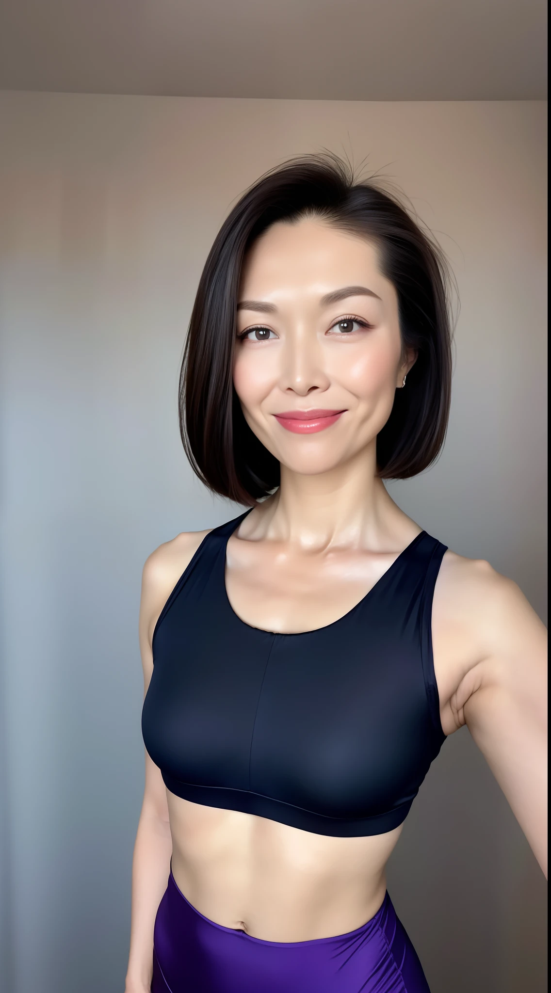 ((Best Quality, 8K, Masterpiece: 1.3)) ,1woman, a tall and beautiful woman, ((fat body:1.2)),((full body:1.2)), dark brown hairstyle, short hair, Shiny tight silk purple and black leggings, see-through sports bra, without any posture movements, standing straight, highly detailed face and skin texture, detailed eyes, double eyelids, smiling, stadium