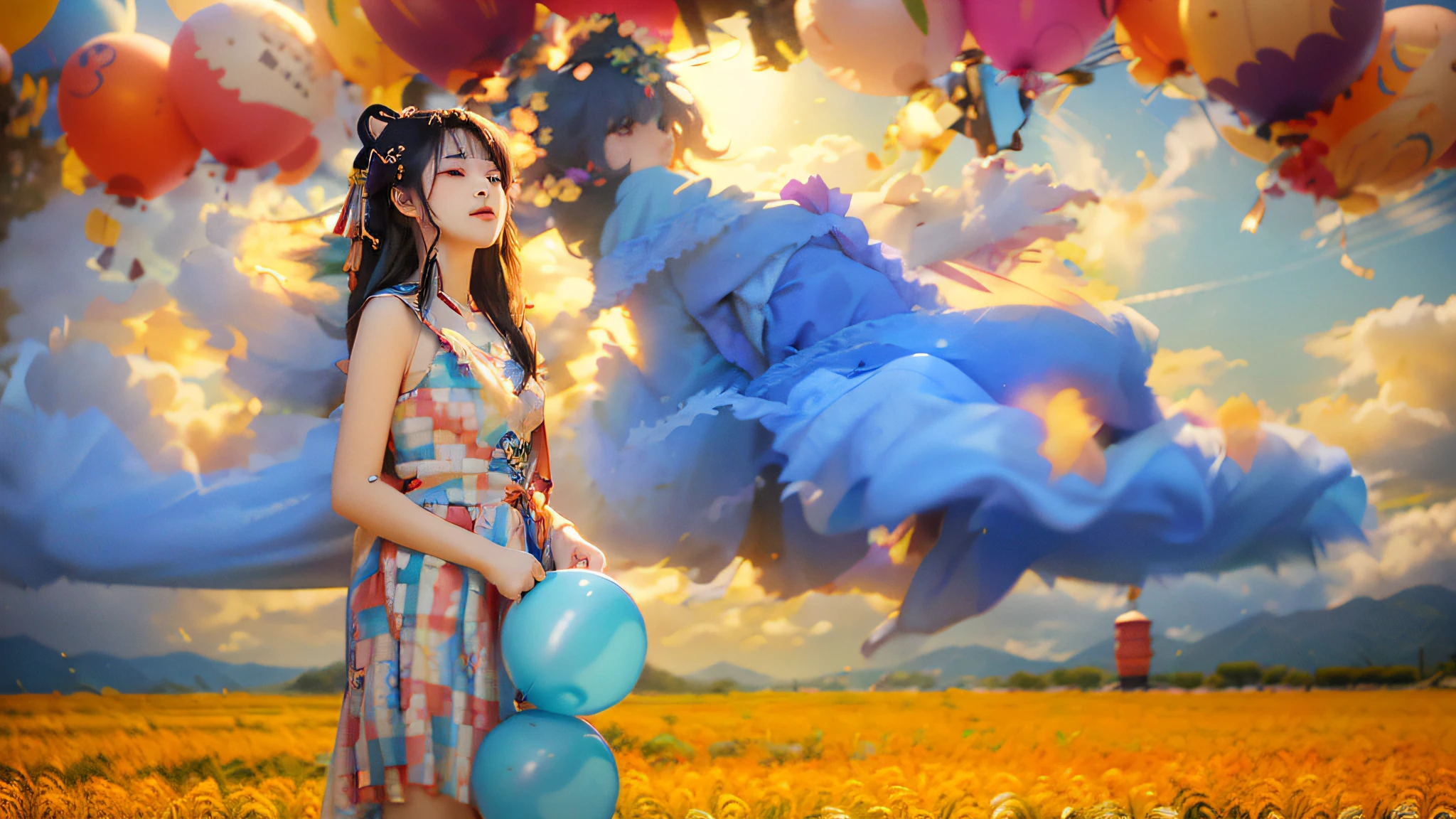 There was a woman standing in a field with a balloon, Anime style mixed with Fujifilm, Official artwork, trending on cgstation, Guviz-style artwork, 🌺 CGSesociety, Guviz, from touhou, Colorful dreams, Loli, by Yang J, coloured photo, 8K)), Artgerm and Atey Ghailan, music video