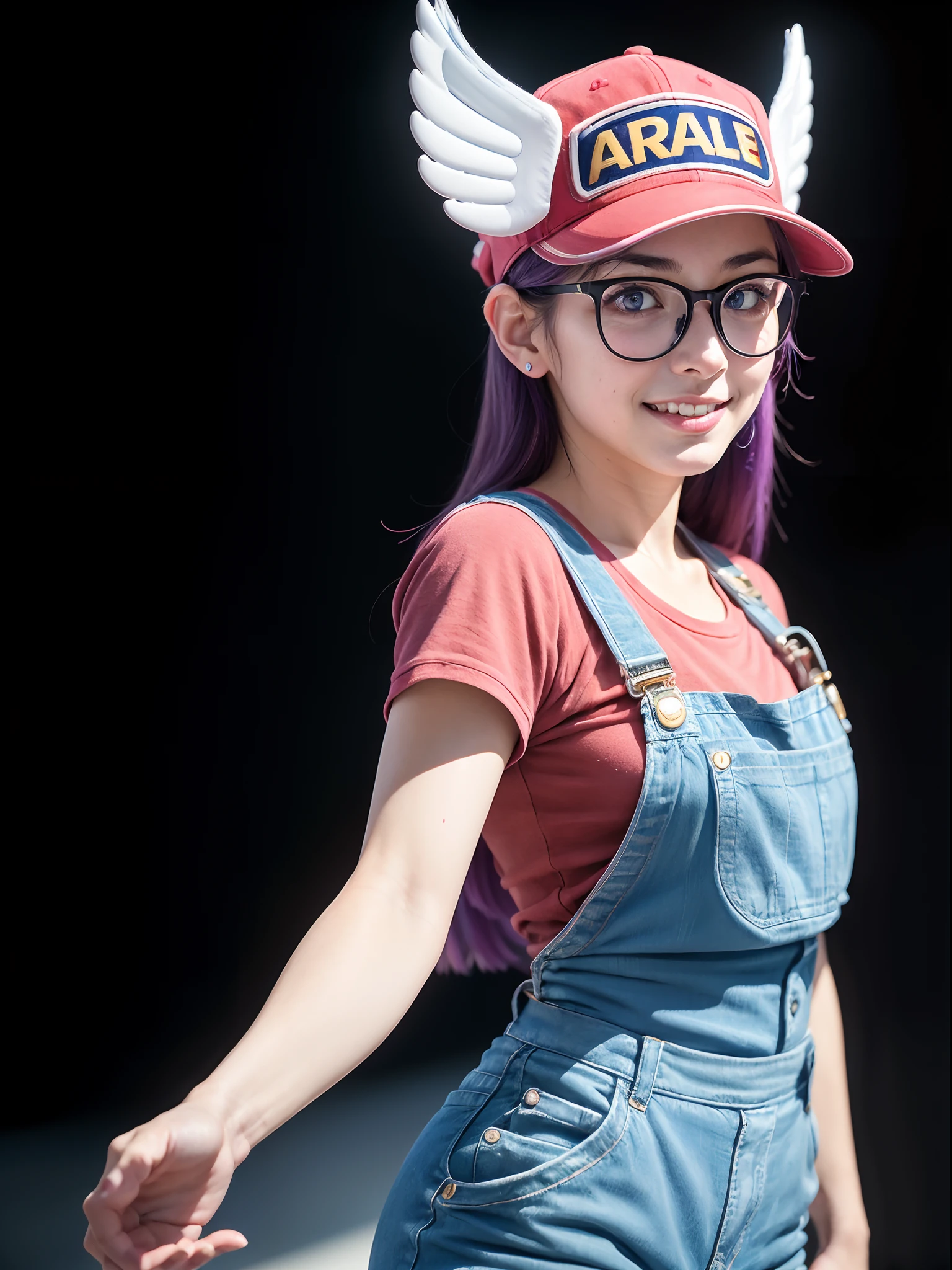 (masterpiece, best quality:1.4), (standing:1.5), (from back) (dynamic pose), 1girl, solo, (european youth:1), arale, glasses, blue eyes, long hair, purple hair, short sleeves, wing hat, red cap, (with the word "ARALE":1), (wing cap:1.5), red shirt, blue overalls, looking at viewer, beautifull smile, beautiful face, highly detailed face, highly detailed eyes, highly detailed skin, skin pores, subsurface scattering, realistic pupils, full face blush, full lips, detailed background, depth of field, volumetric lighting, sharp focus, absurdres, realistic proportions, good anatomy, (realistic, hyperrealistic:1.4), 16k hdr,