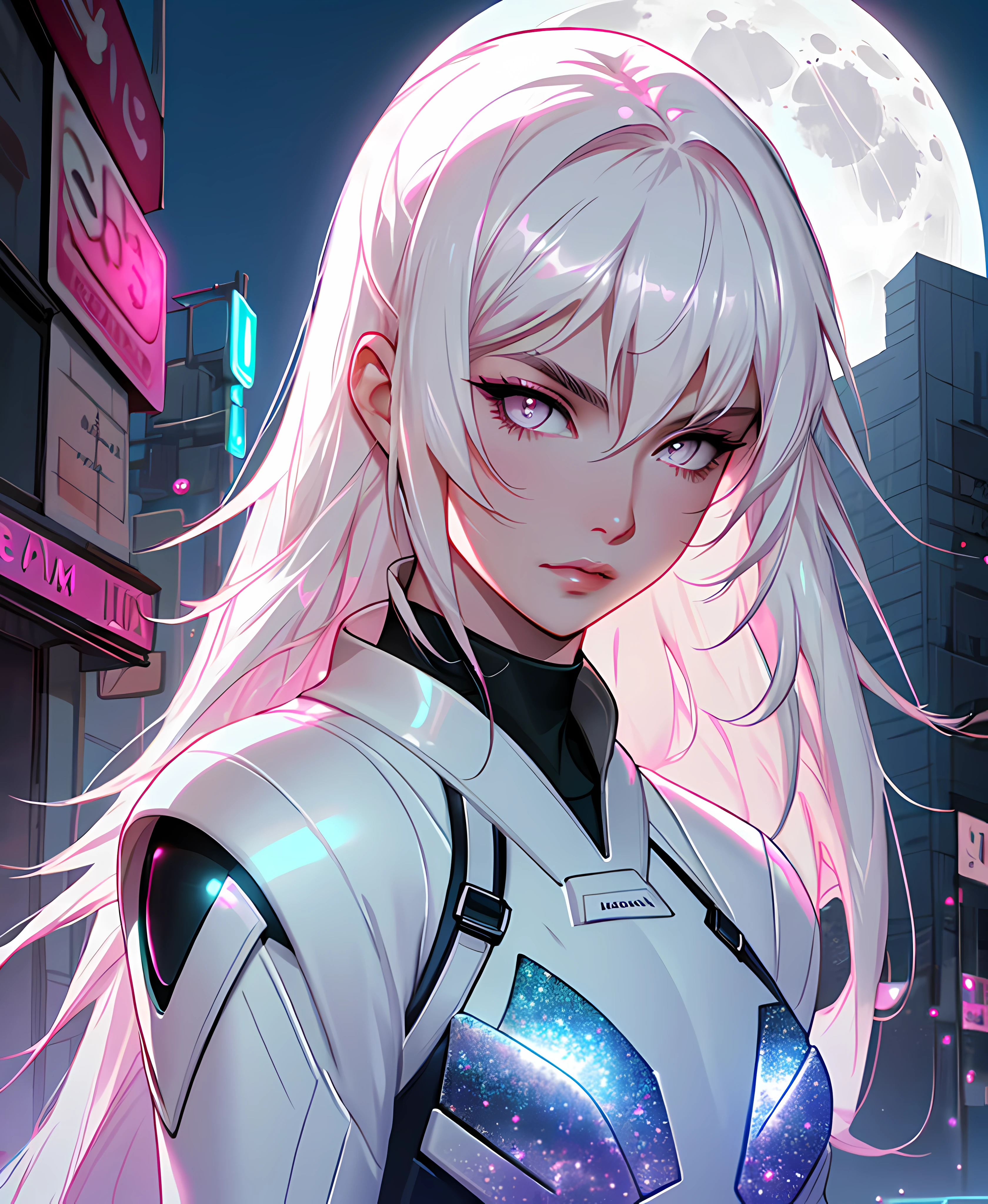 masterpiece, highest quality, (solo focus), (perfect face:1.1), (high detail:1.1), dramatic, 1guy, (pale skin), long white hair, white eyes, [light eyebrows], solo, long hair, moon, night, white luxury suit, covered navel, pouty lips, covered, futuristic city, detailed background, art by artgerm, cinematic lighting, white and pink tetradic colors, cinematic lighting, roses,  balenciaga, glitter