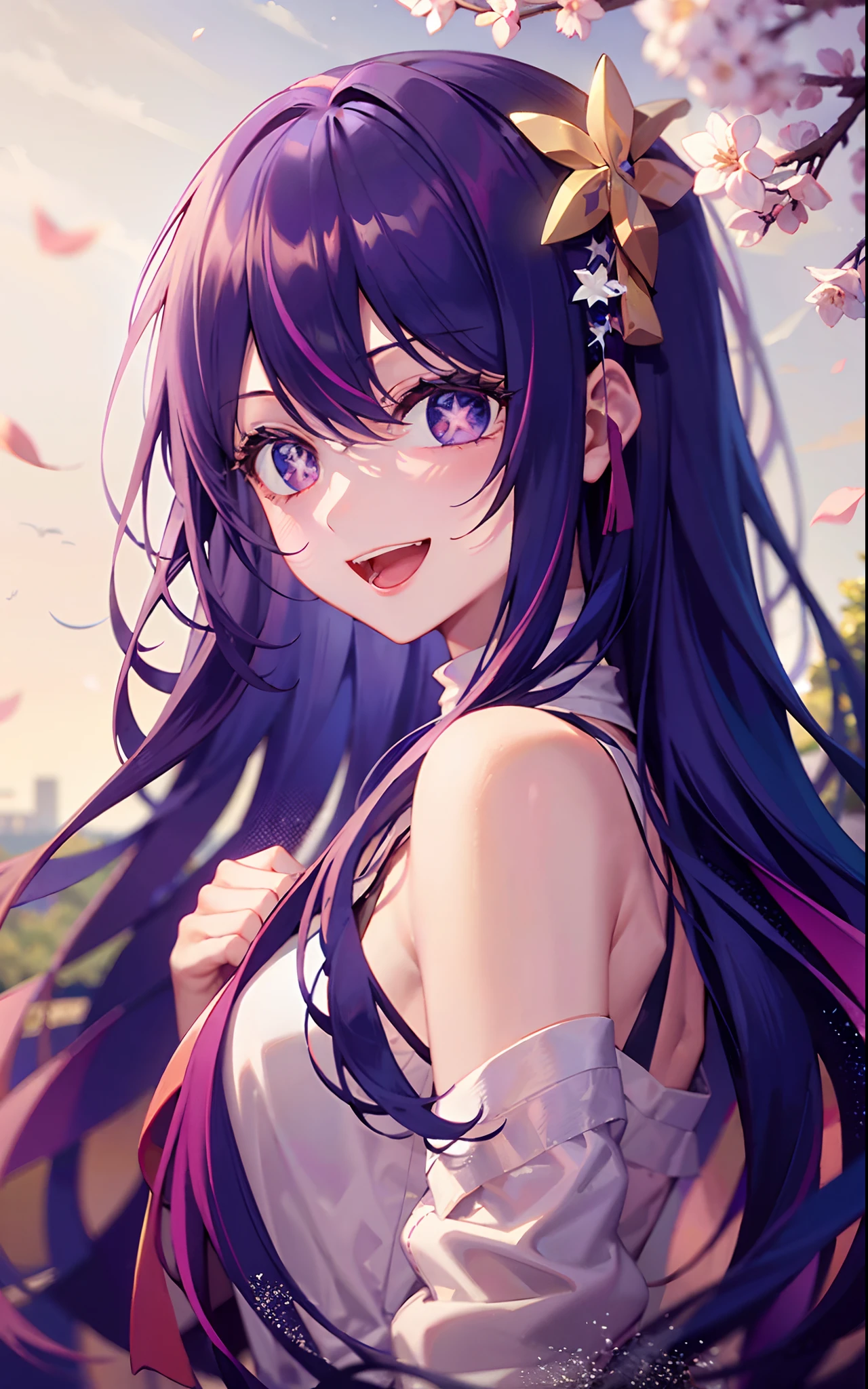 1girll,((There is a five-pointed star in the eye))Gorgeous Hair in Long Purple,Smile,Open mouth,(komono),tree branch,white backgrounid,ancient wind