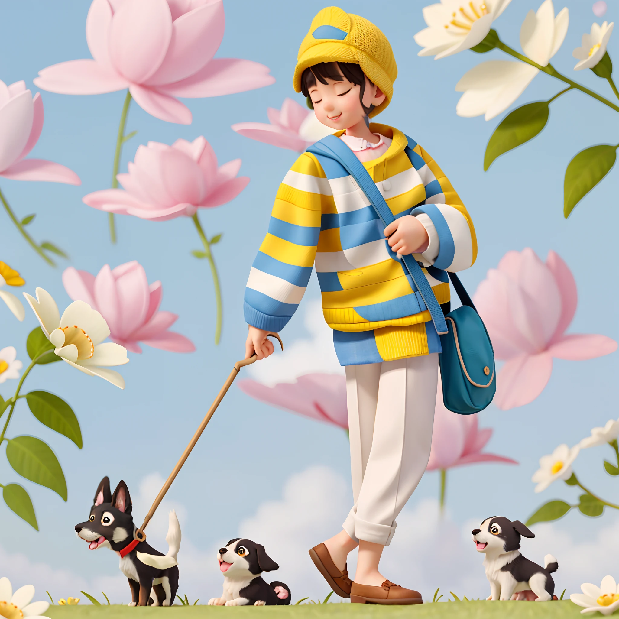 A very charming little girl with a backpack and her cute border collie puppy enjoying a lovely spring outing surrounded by beautiful yellow flowers and nature. The illustration is a high-definition illustration in 4K resolution with highly detailed facial features and cartoon-style visuals.