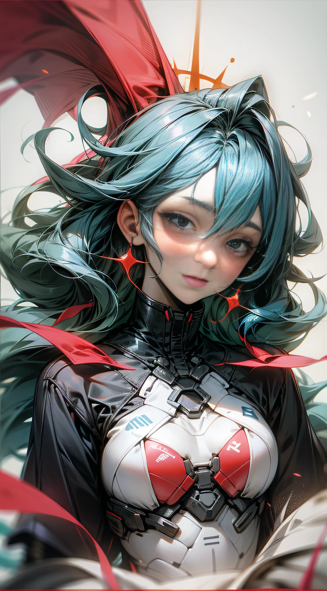 blue hair,Two red corners