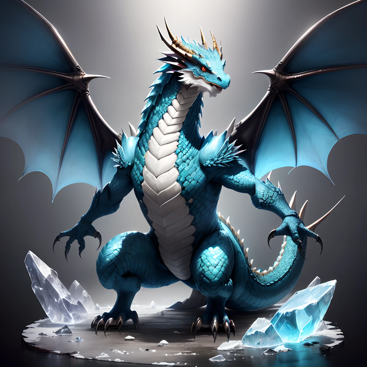 Western Dragon,drak,Ice properties,With a pair of wings,The scales are translucent light blue,With light in the eyes,The neck is small,quadrupedal,