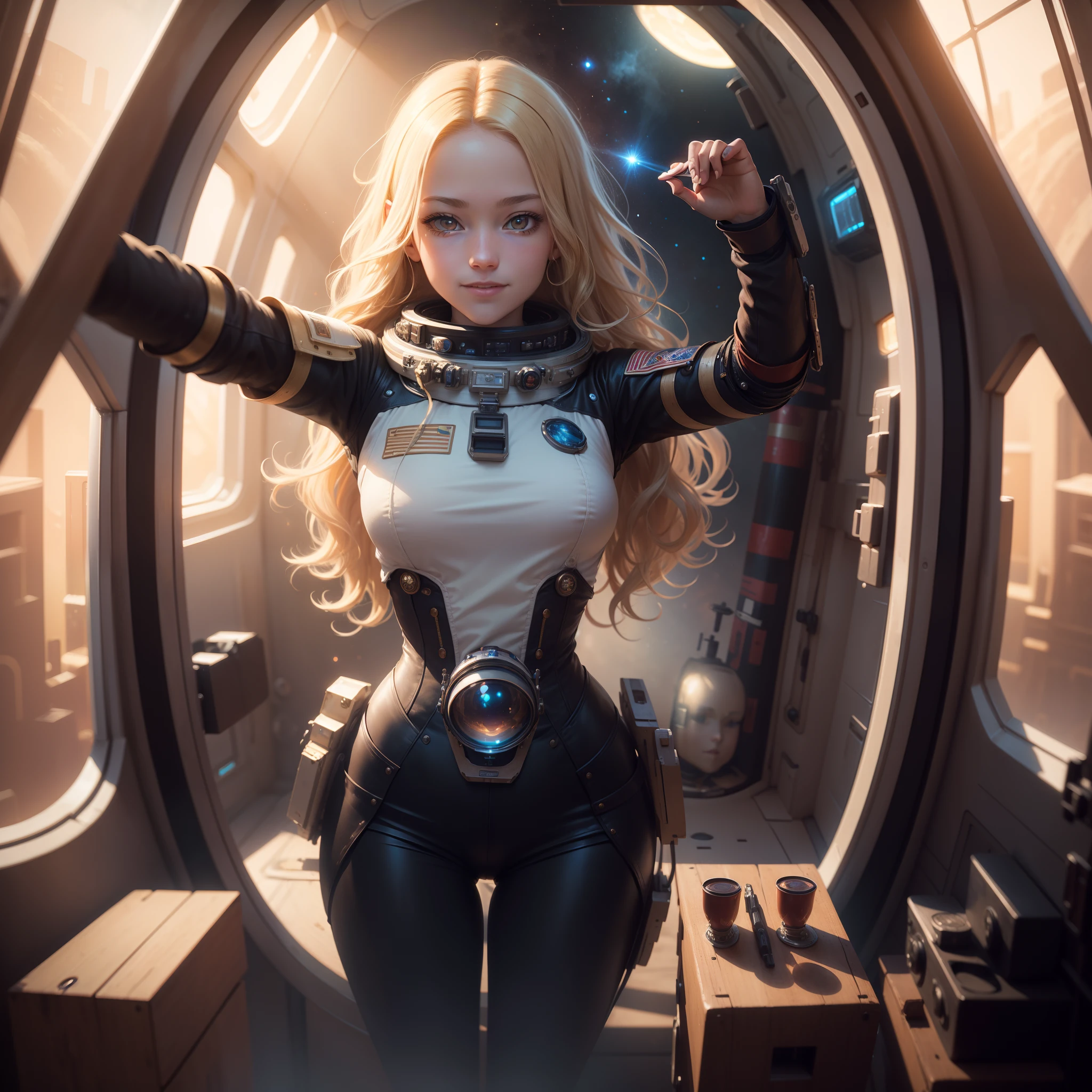 (masterpiece), selfie, centered, Instagram able, steampunk astronaut 1girl, cute smile, red ribbon, long wavy hair, blonde hair, red eyes, steampunk spaceship interior, space background, stray hair, fisheye effect, backlight, dynamic lighting, reflection, depth of field, ultra detailed, intricate, (epic composition, epic proportion), professional work, FF, mecha,