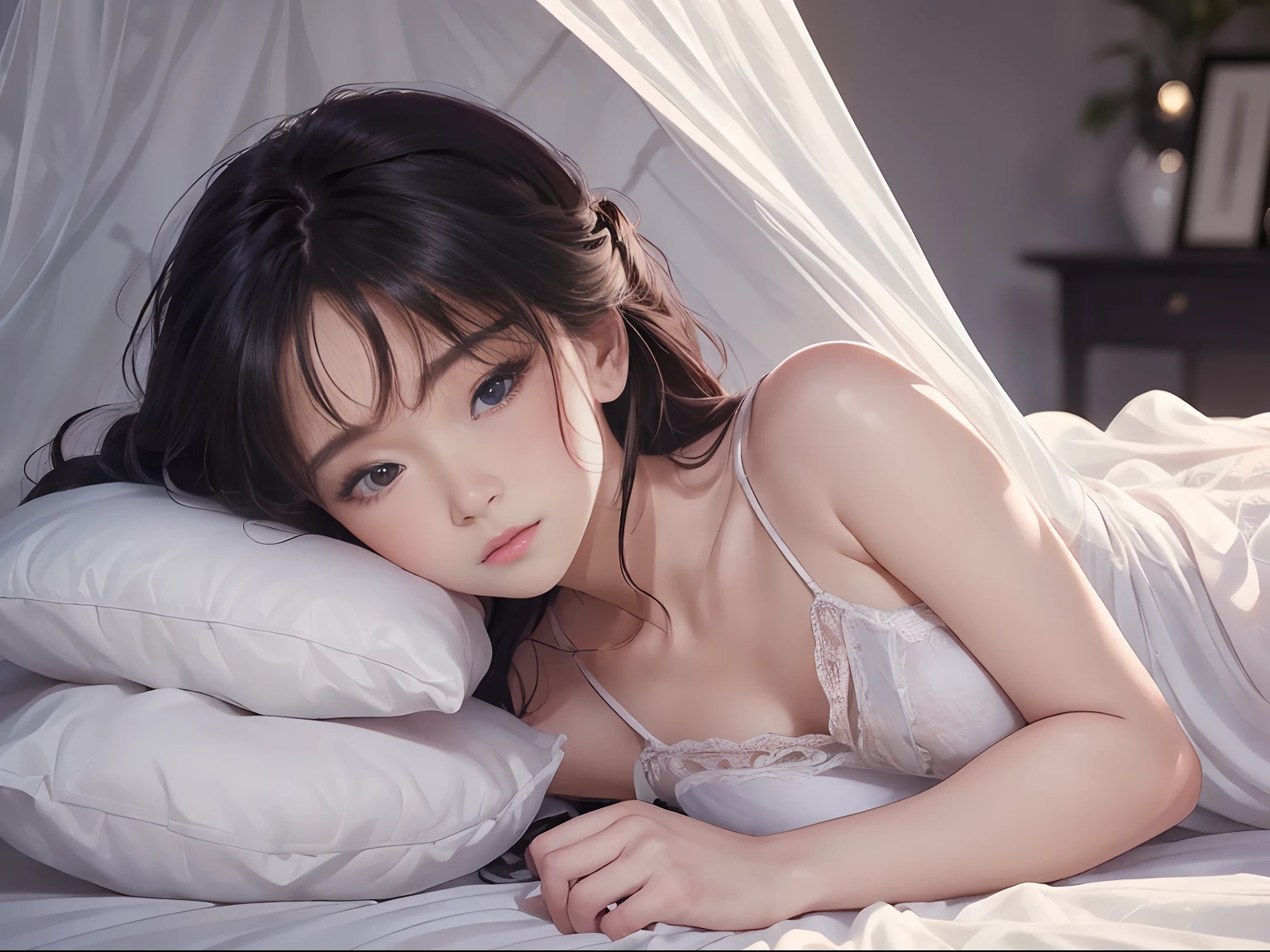 (Akina Nakamori),  , , (virtualgirlAim),
masutepiece, Highly detailed, Super realistic,Detailed background, Bright lighting, Daylight,
Beautiful face, Beautiful eyes, Middle Ages style, 1girl in, Solo, 4K, 8K,
(12-year-old little princess) , (Long curly hairstyle),
(Girl sleeps in a bed in a canopy、I'm wearing a white nightgown:1.5) ,(Royal Palace Bedroom),
 (slender:1.5), (Pretty Face), (Lori),((Small breasts)),
(Looking away),