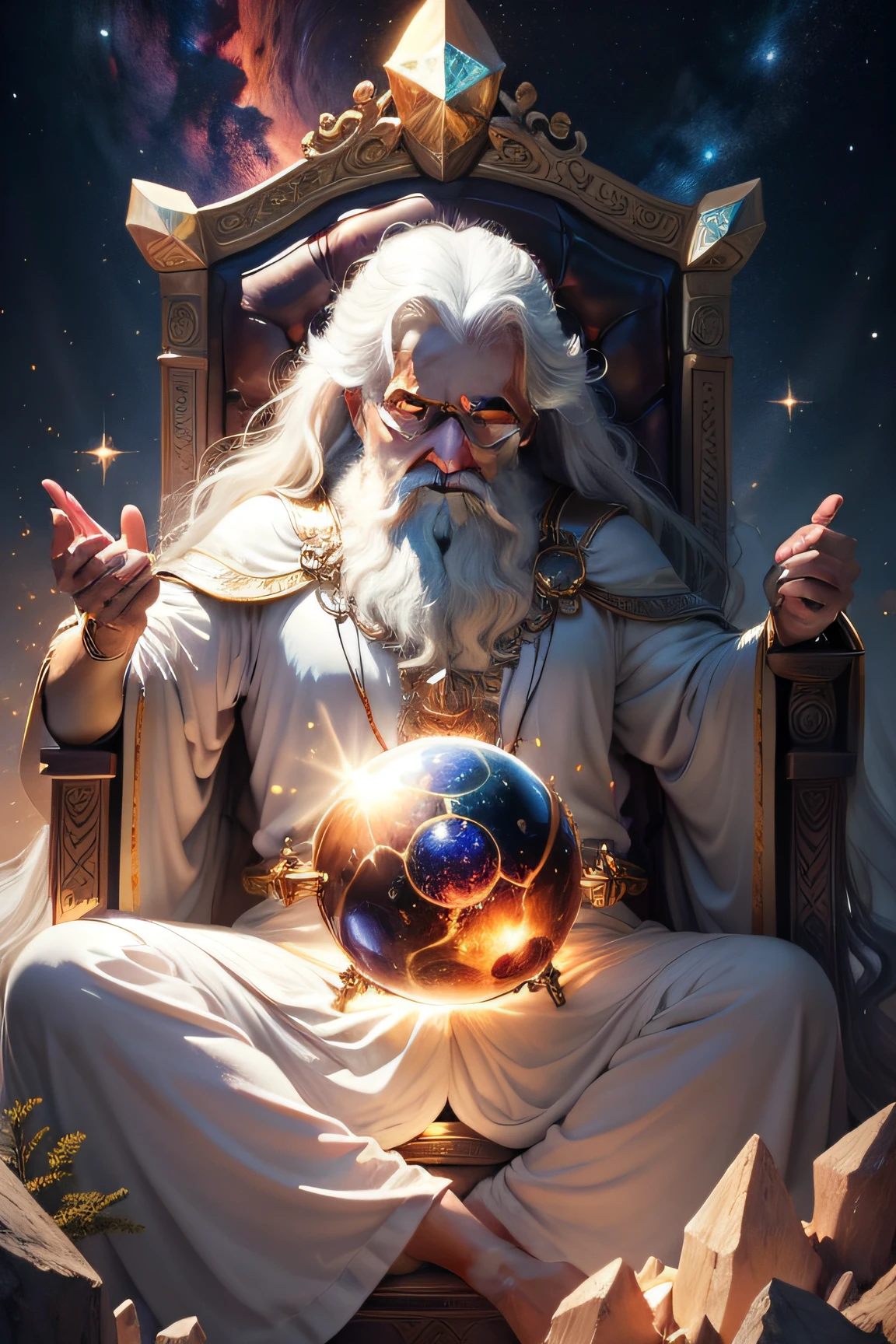 super high resolution, best quality, photo, 16k, (photorealistic: 1.2), cinematic lighting, An old man in the shape of a mythical god. Depict the god holding the sun and moon, enveloped by a radiant aura. Seat them on a magnificent throne within a cosmic backdrop, in bright white cloaks floating on the crystal throne, floating on crystal clouds, surrounded by the splendors of the universe. Pay meticulous attention to stunning details and achieve a resolution of 64K for an immersive and realistic visual experience. Let your work capture the essence of myth and wonder, leaving viewers in awe of its beauty and power.