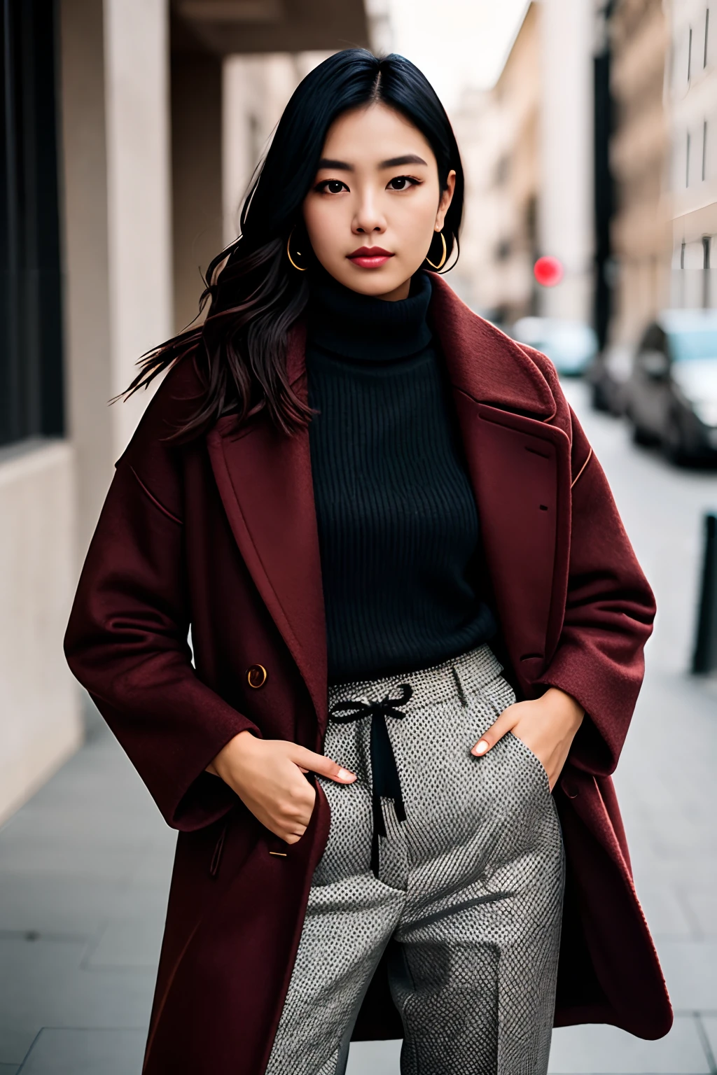 photo of (sh0hreh:0.99), a woman, RAW, close portrait photo, long brown coat, turtleneck sweater, trousers, (high detailed skin:1.2), 8k uhd, dslr, soft lighting, high quality, film grain, Fujifilm XT3 sharp focus, f 5.6