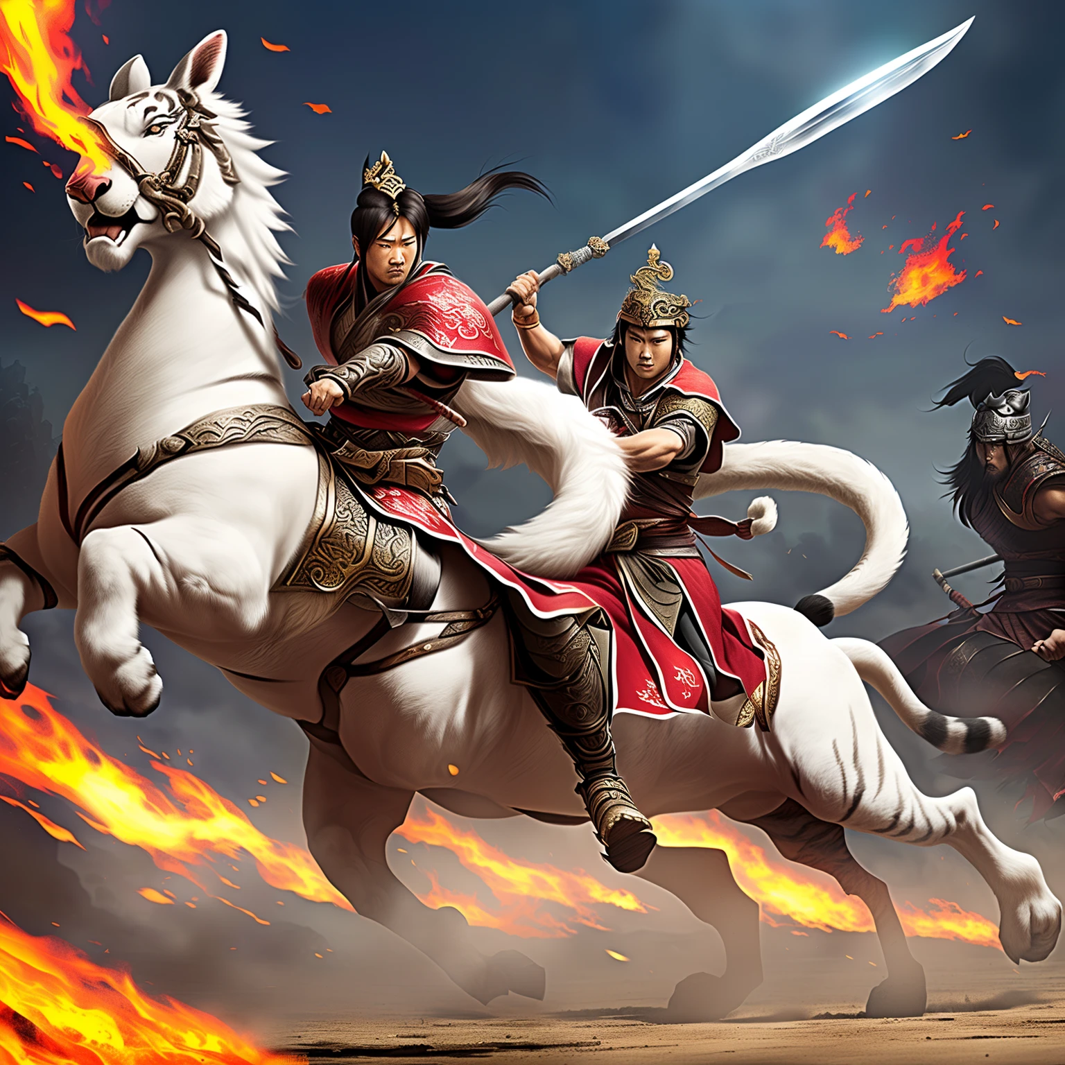 Before the Tiger Prison Closes，Lü Bu rode a red rabbit horse and held Fang Tian's halberd，Fight with Zhao Yun, who rides a white dragon horse with a bright silver spear --auto