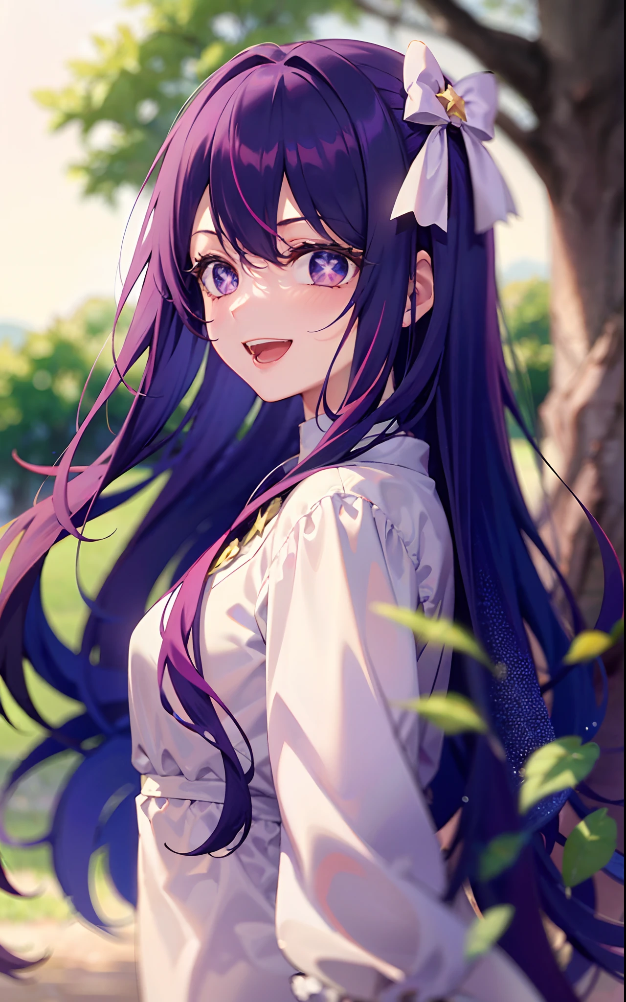1girll,((There is a five-pointed star in the eye))Gorgeous Hair in Long Purple,Smile,Open mouth,(komono),tree branch,white backgrounid,ancient wind