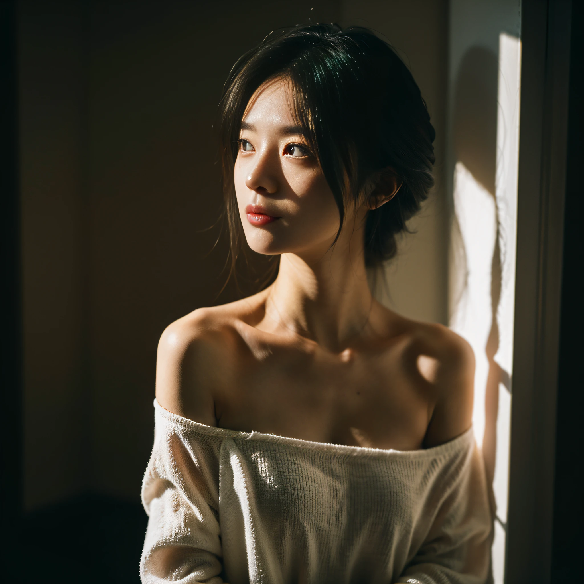 Best Quality, Masterpiece, Ultra High Resolution, (Realism: 1.4), Original Photo, 1girl, Off-the-Shoulder, In the Dark, Understated, Cold Light
