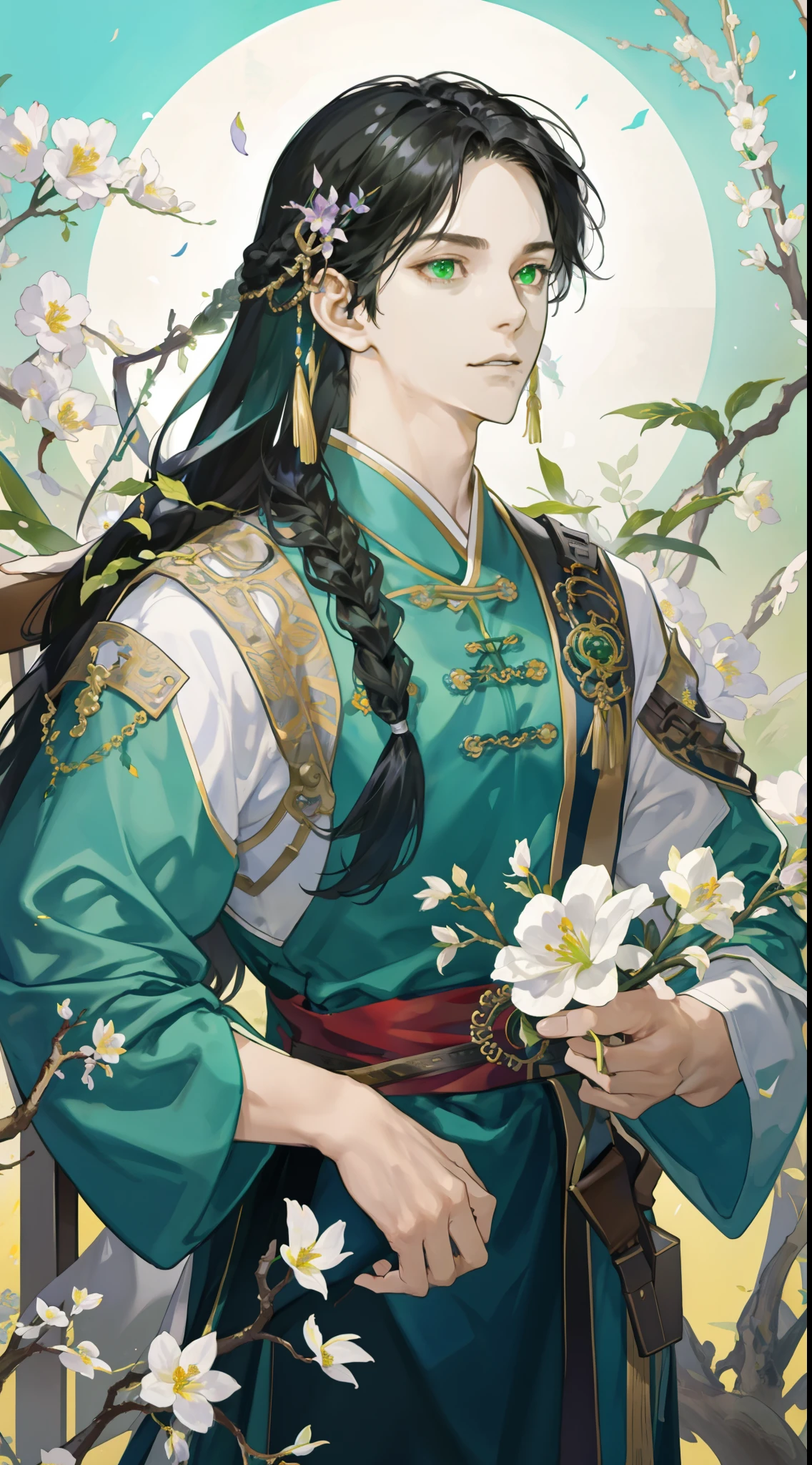 masterpiece, best quality, HDR, ultra HD, perfect hands, male focus, 1 male, adult, MALE ONLY, handsome, tall muscular guy, very long black hair, green eyes, fantasy, wearing ancient Chinese costumes, complex pattern, detailed face, throne, upper body, best ratio four finger and one thumb, rainbow effect, prism, spring, blooming flower, flying petals, looking at the viewers, The character is looking up with their upper body visible, and there is a delicate hair strand. They have fair skin and side braids."