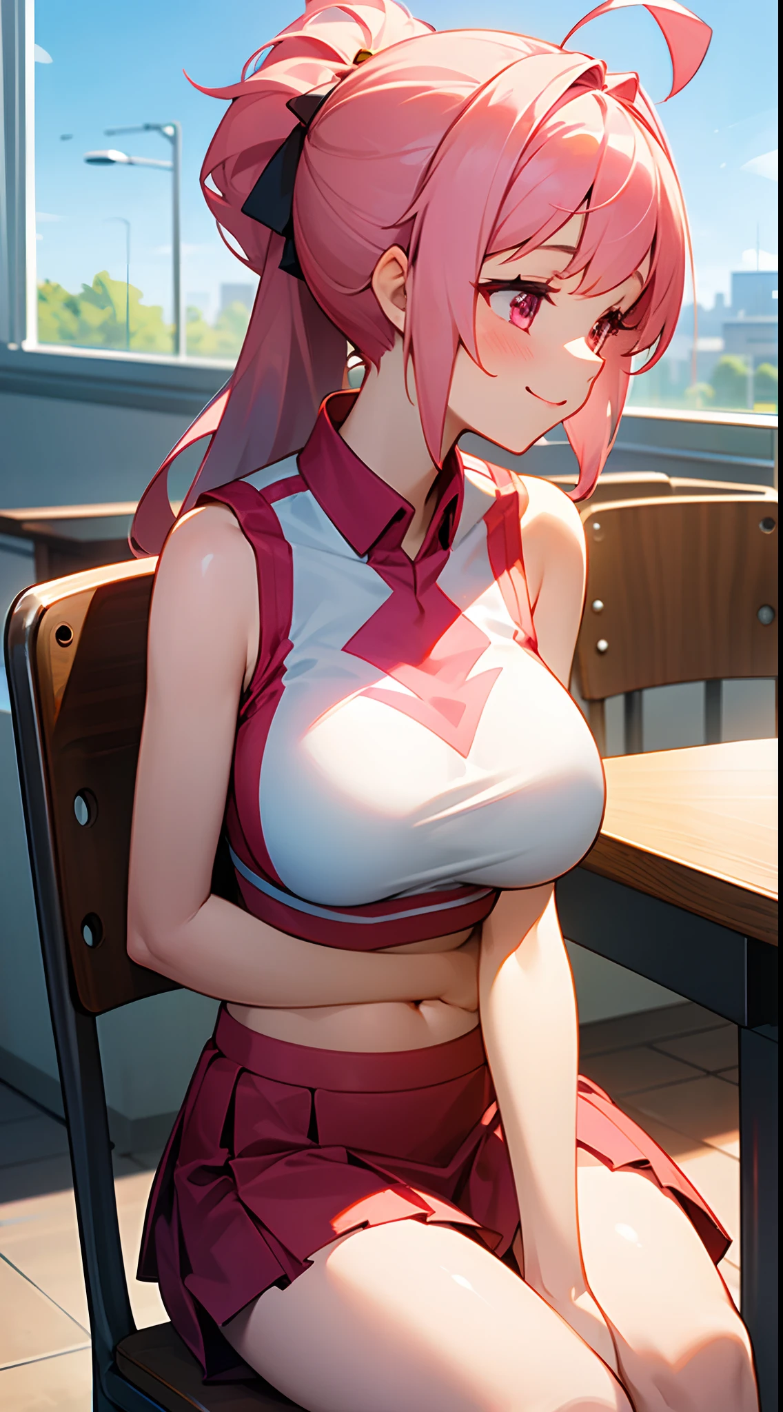 1 girl, game cg, sleeveless white cheerleader, bottom  visible, belly buttisible, short red skirt, gigantic breasts,air, long hair, hair up, princess hairstyle, ahoge, pink eyes, outside school, smiling, blue sky, sitting on chair, table, side view,