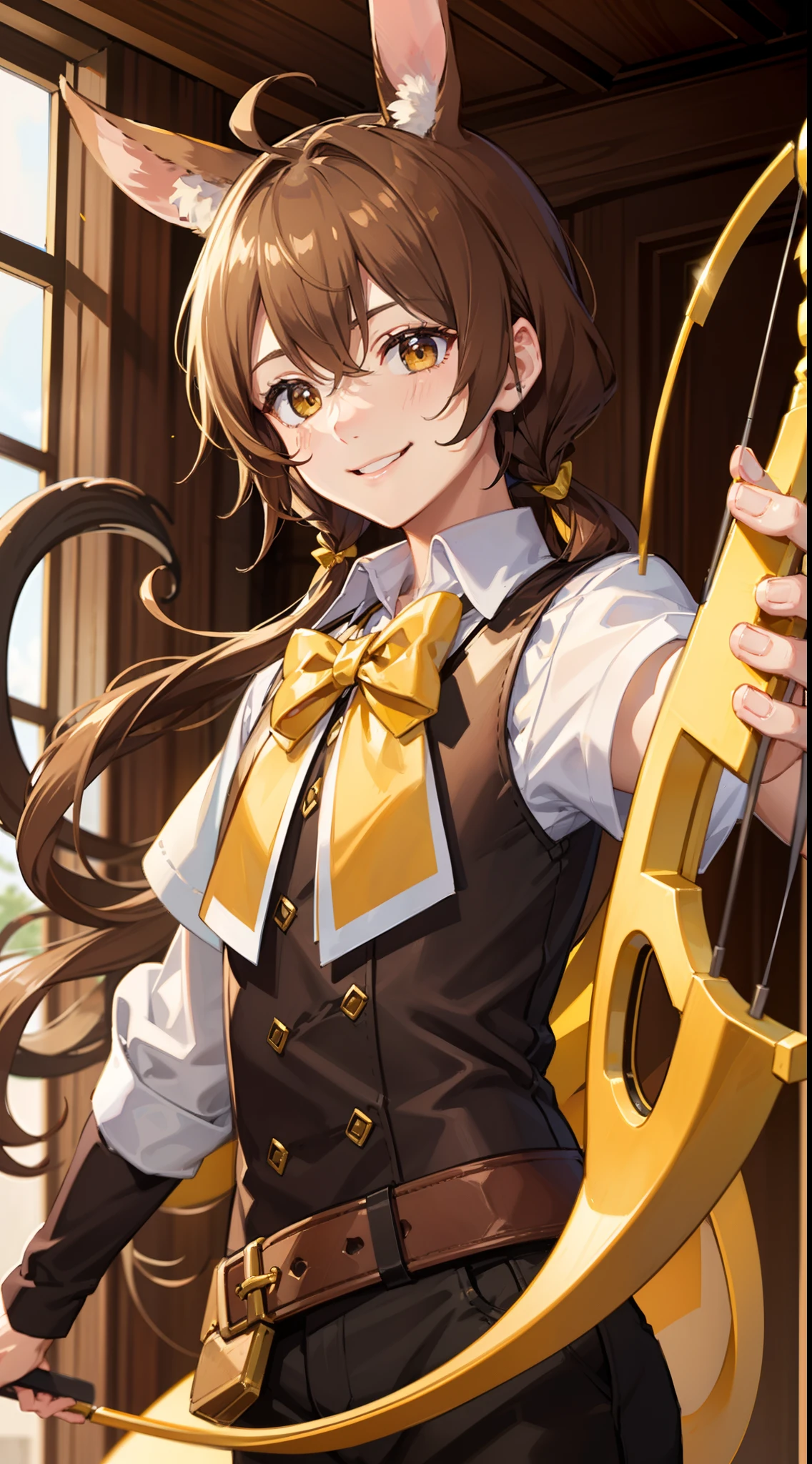 Young guy, Brown hair with blonde strands, Yellow eyes, brown rabbit ears, Smile, Bow and arrow, Masterpiece, hiquality