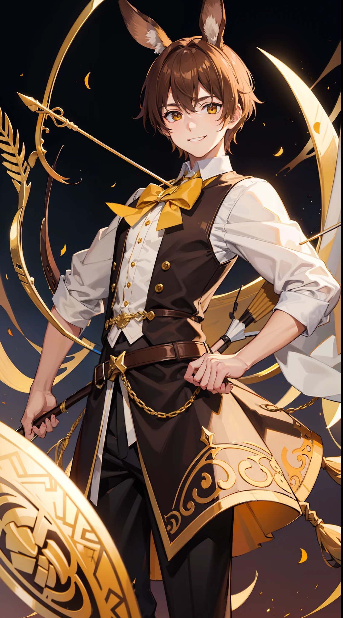 Young guy, Brown hair with blonde strands, Yellow eyes, brown rabbit ears, Smile, Bow and arrow, Masterpiece, hiquality