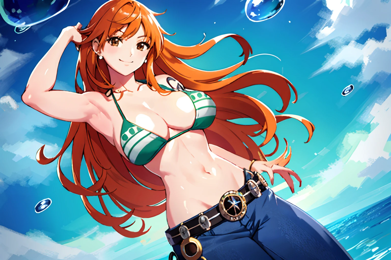 detailed background, masterpiece, nip slip, best quality, 1girl, solo, nami \(one piece\), 1girl, bangle, hands out of frame, detailed arms, strong arms, muscular body, flex muscles, seductive, bangs, bare shoulders, belt, bikini, bikini top only, blue sky, bracelet, breasts, brown eyes, bubble, cleavage, cloud, cowboy shot, day, denim, earrings, floating hair, green belt, green bikini, groin, jeans, jewelry, large breasts, log pose, long hair, looking at viewer, navel, orange hair, pants, shoulder tattoo, sidelocks, sky, smile, solo, laying on the floor, posing, stomach, swimsuit, tattoo