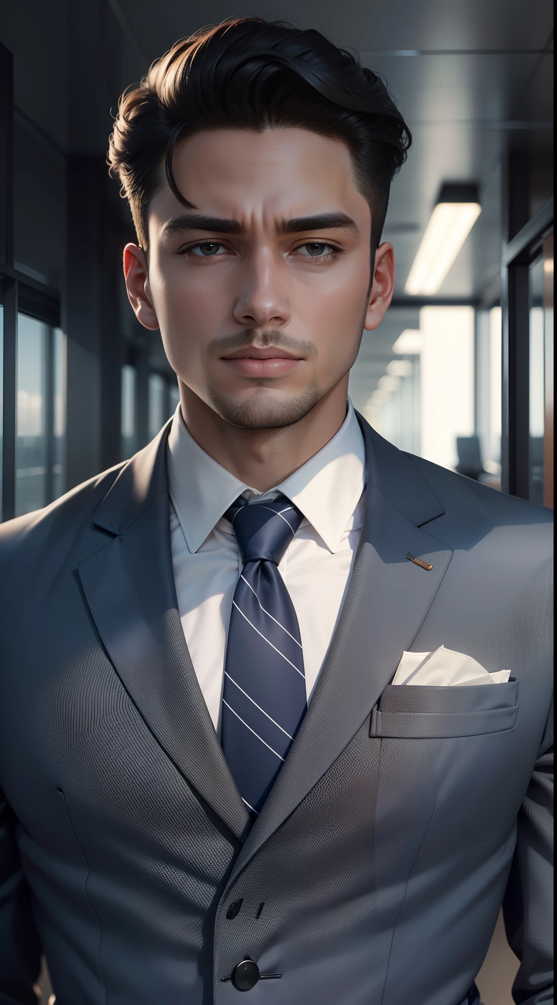 a young Business Man wearing modern navy suit , change background to office , 8k quality, ultra realistic, clear picture