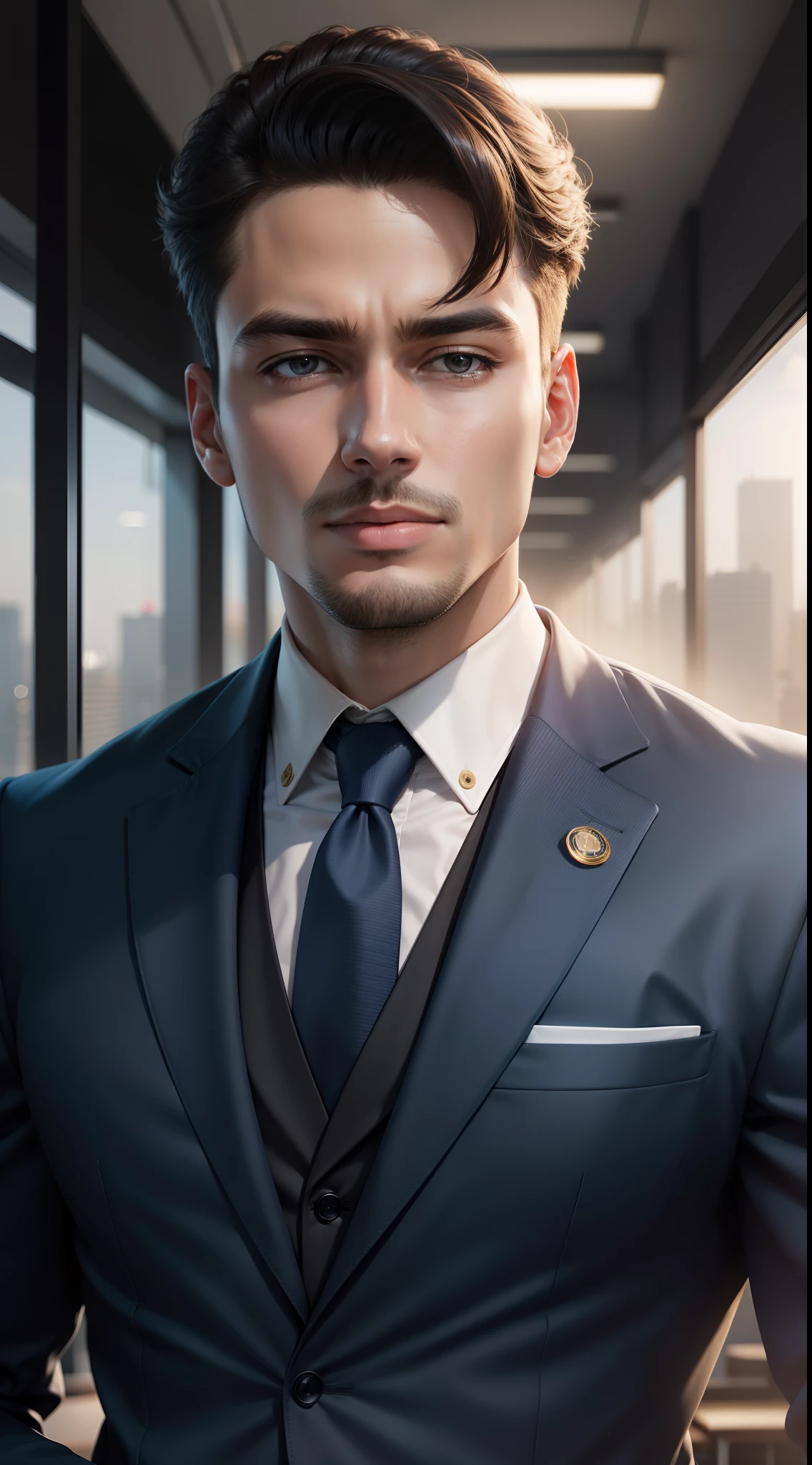 a young Business Man wearing modern navy suit ,  change background to office ,  8k quality,  ultra realistic, clear picture