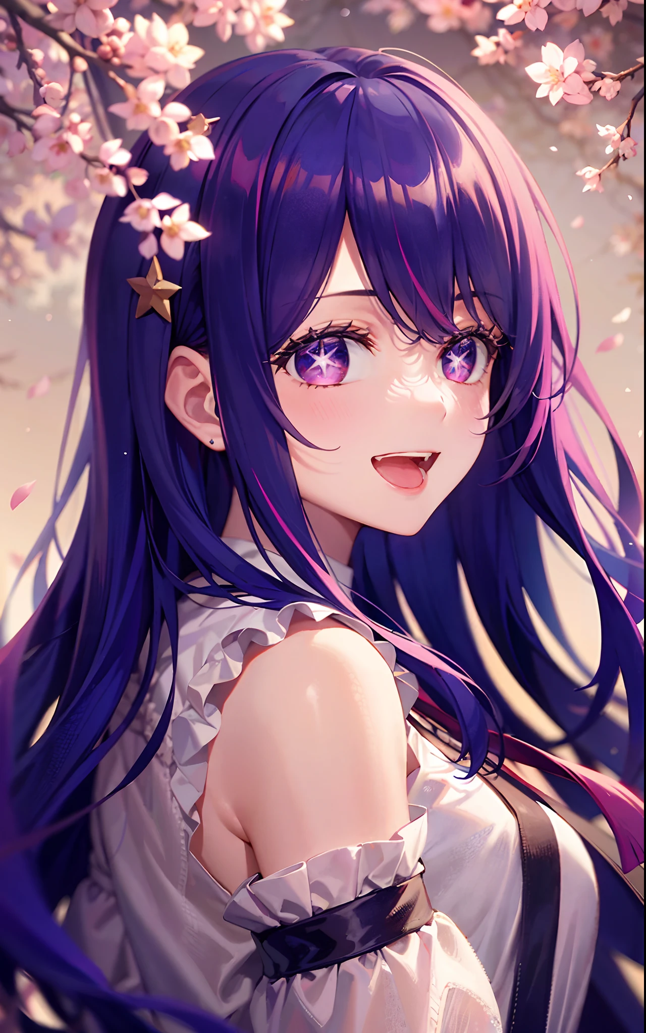 1girll，（（There is a five-pointed star in the eye））Gorgeous Hair in Long Purple，Smile，Open mouth，（komono），tree branch，white backgrounid，ancient wind