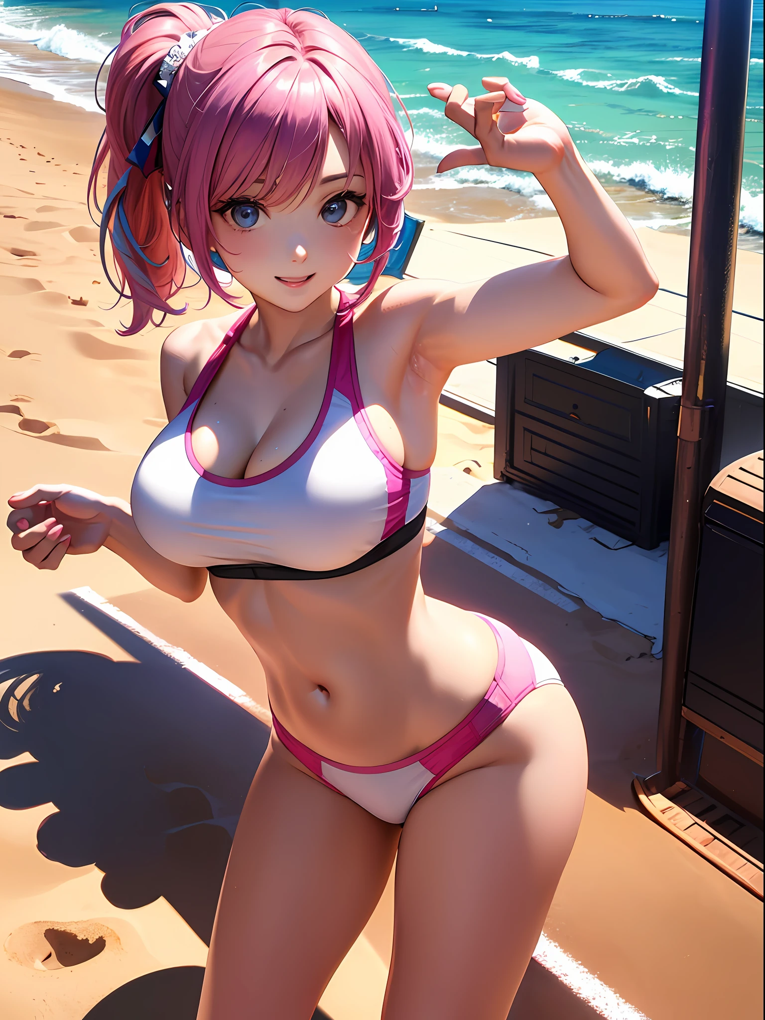 (top-quality: 1.3)、(​masterpiece: 1.3)、(The ultra-detailliert: 1.3)、(wall-paper, one girls)、([Diamonds: 1.3|The eye]:1.2)、Beach volleyball players、(Perfect white sports bra:1.3)、(Pink swimsuit pants:1.2)、(Pink hair:1.3)、a short bob、(Beautiful Large Breasts:1.3)、Beach、Beach volleyball court、ssmile、sexypose、is standing、posterior view