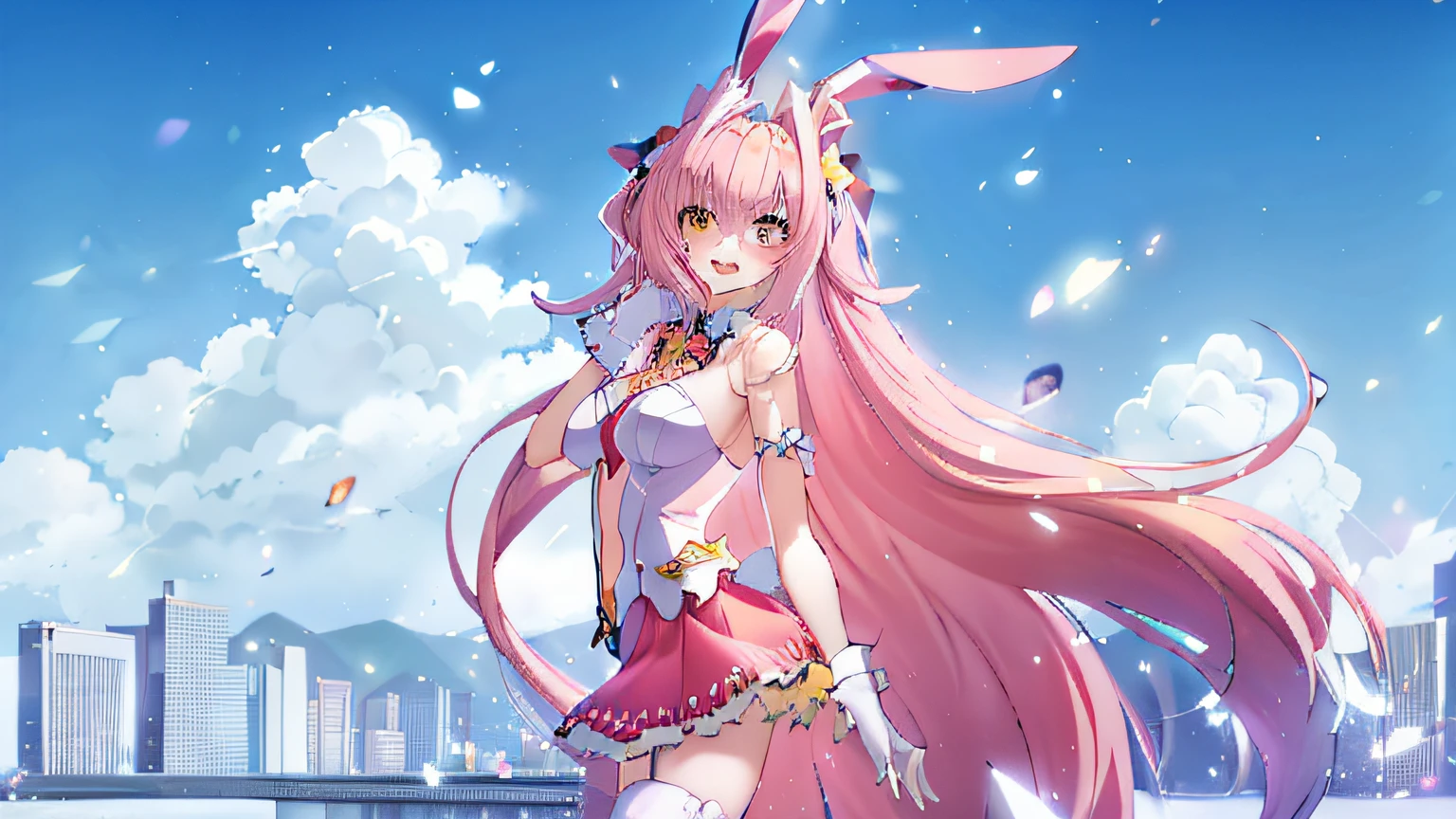 anime girl with long pink hair and bunny ears standing in front of a city, anime style 4 k, bunny girl, from the azur lane videogame, hd anime wallaper, anime art wallpaper 8 k, azur lane style, characters from azur lane, nightcore, (anime girl), anime wallaper, 4k anime wallpaper, ultra hd anime wallpaper, naked, no clothes, natural, realistic
