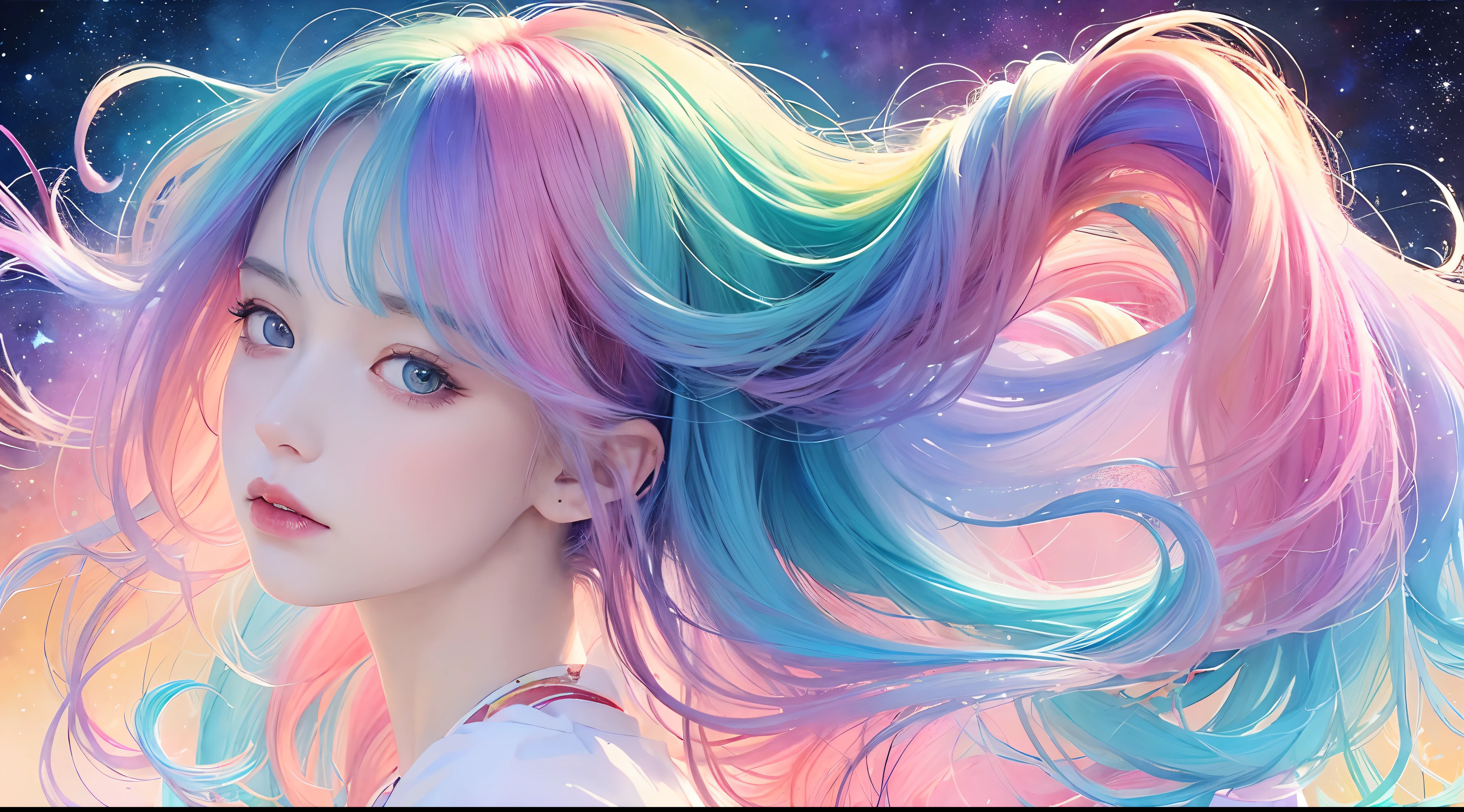 (masterpiece, top quality, best quality,watercolor (medium),official art, beautiful and aesthetic:1.2),(1girl:1.3), (fractal art:1.3),upper body, from side, looking at viewer,patterns,(rainbow color Hair,colorful hair,half blue and half pink hair:1.2),water,liquid, cloud,colorful, starry,stars,