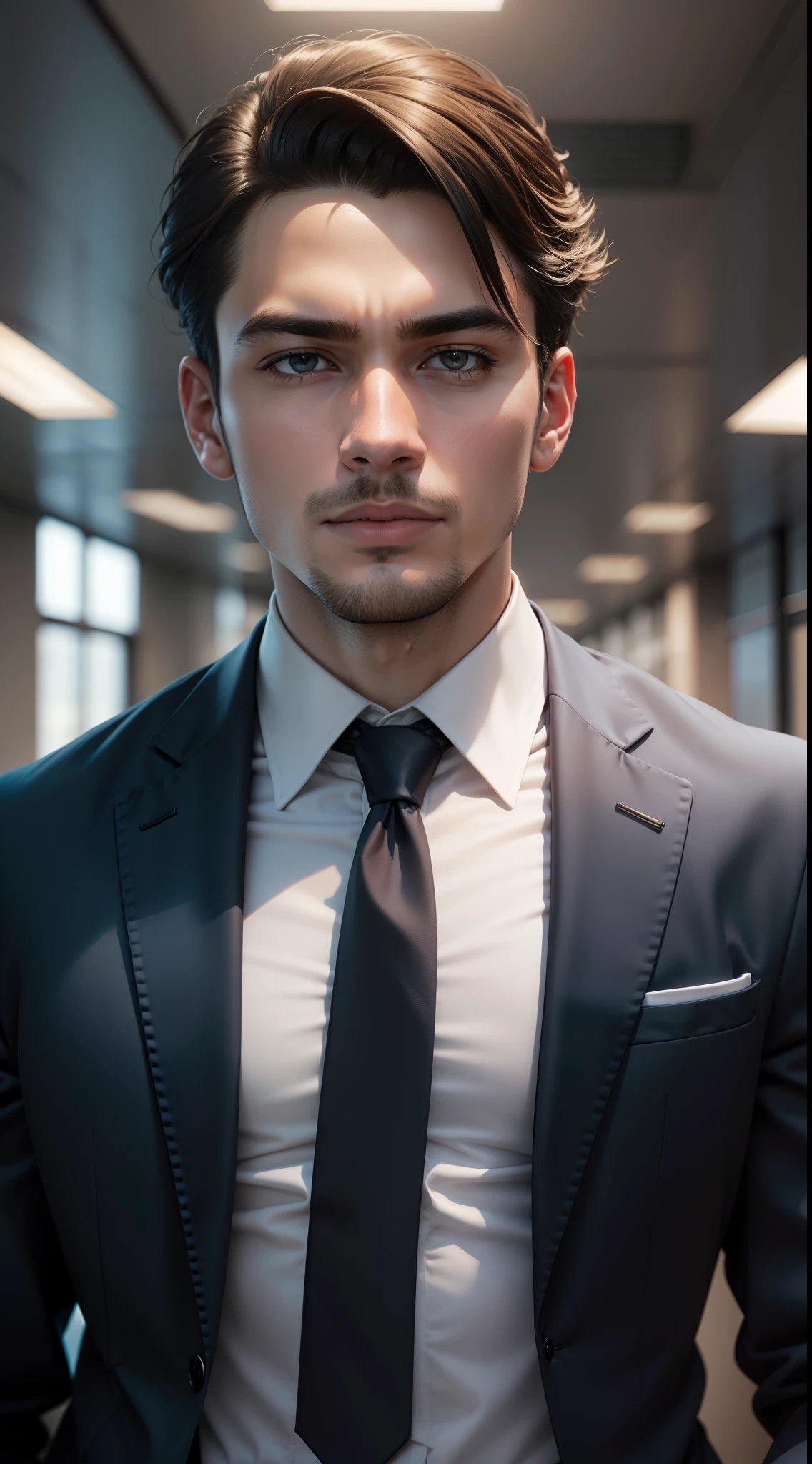 a young Business Man wearing modern navy suit ,  change background to office ,  8k quality,  ultra realistic, clear picture