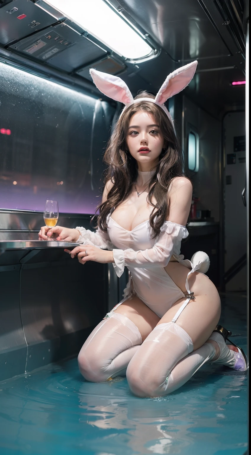 (full bodyesbian:2),(Reveal high heels,A perfect match to the picture:1.1), (anatomy correct:1.3), (Body made of metal:2),(Cyberpunk city characters|Underground|At the summit|on a snowy mountain|over the sea|in the water|On the boat|Top of high-rise building|On the street|in woods|at the lakes|In front of the waterfall|in an airplane|In space|In the palace|In glass|In the sewers|In the mud|in a Petri dish|In nuclear wastewater|In venom|The metropolis of the future|In the deep sea|:1.1),,(Wearing a bunny girl suit:1.4), (Polished pointed toe heels:1.2), (Stockings reflective:1.2),(In pink|amarelo|blue colors|green color|red colour|white colors|black in color|purpleish color|greys|Beige|Flesh-colored:1.2),(Accurate and perfect face:1.4),A shallow laugh,,hyper HD, Ray traching, reflective light,structurally correct, Award-Awarded, high detal, lightand shade contrast, Face lighting,cinmatic lighting, tmasterpiece, super detailing, high high quality, high detal, best qualityer, 16k,