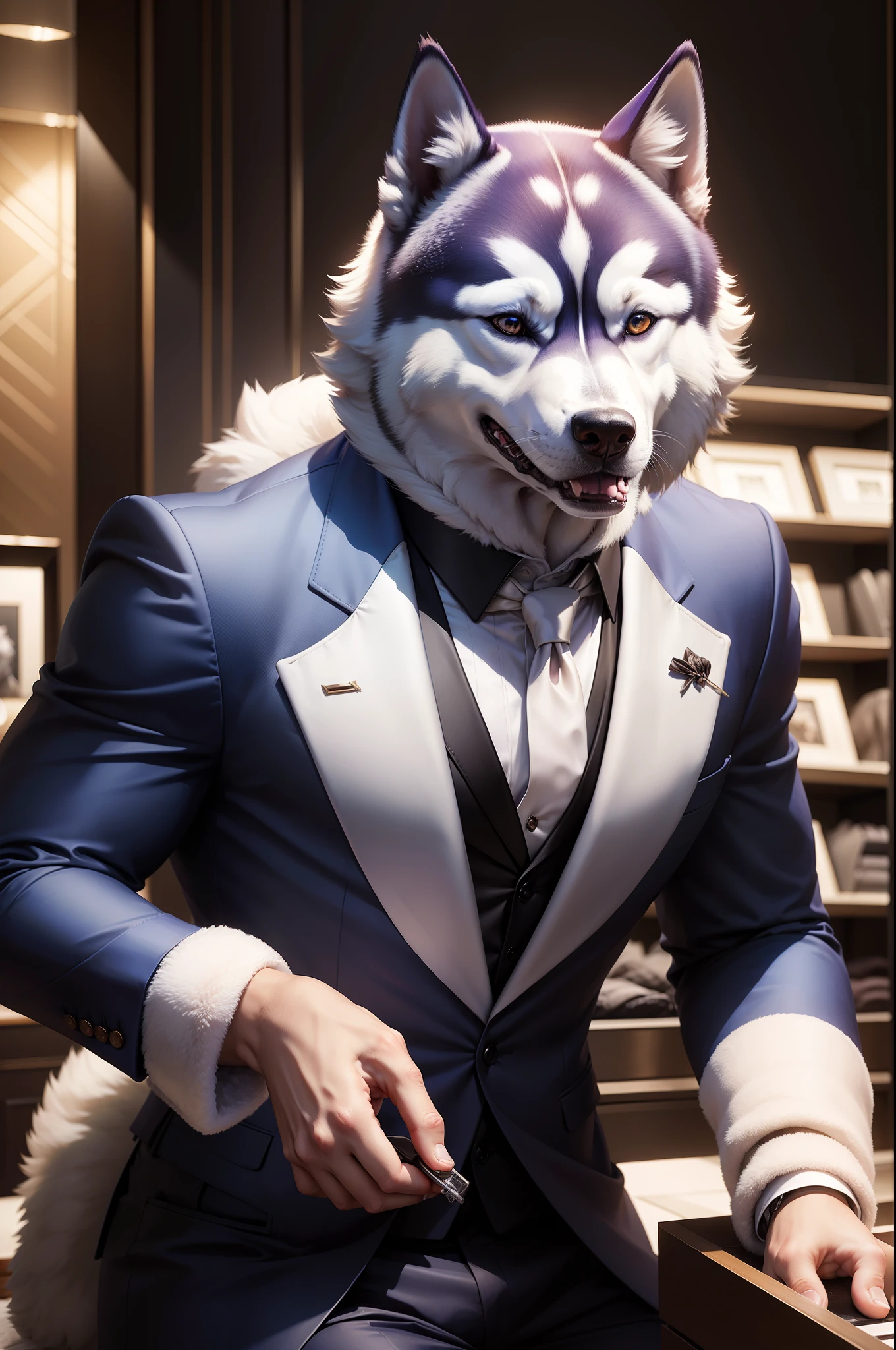 "In the highest quality, personifying a Siberian Husky, wearing a suit, working in a luxury store."