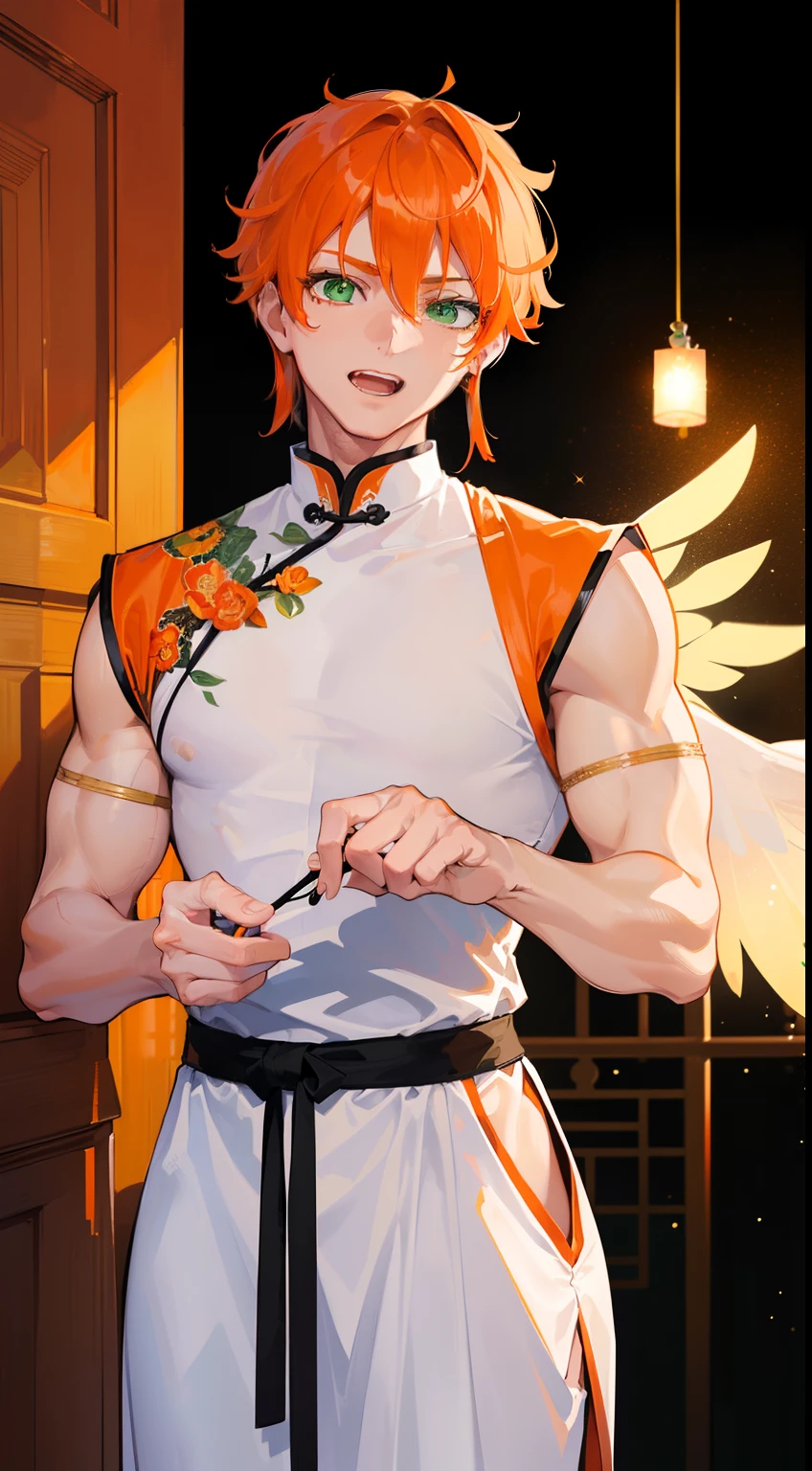 Laughing,(((Guy))), (((man))), (((Man's))),(((masutepiece))), (((Beautiful lighting))),(((muscular))),(((man))),(((40 years),(((Green eyes))),(((Orange hair))), Male face,male eyebrows, Male Eyes, Eyelashes, Medium Hair,Beautiful face, v shaped_eyebrow,White skin,Transparent wings,Chinese_Clothes,(((Black clothes,)))garters_lanyard, See-through,The light of the Buddha shines, holy,