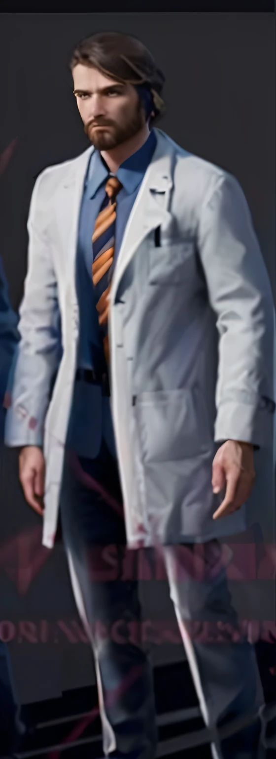 Close-up of a man in a suit and tie standing next to another man, professor clothes, detective coat, trench coat and suit, he is wearing a trenchcoat, detective clothes, Long coat with gray tarnished, marvelous designer, Walter White 飾演 Gordon Freeman, foxish guy in a lab coat, grey suit, labcoat, labcoat