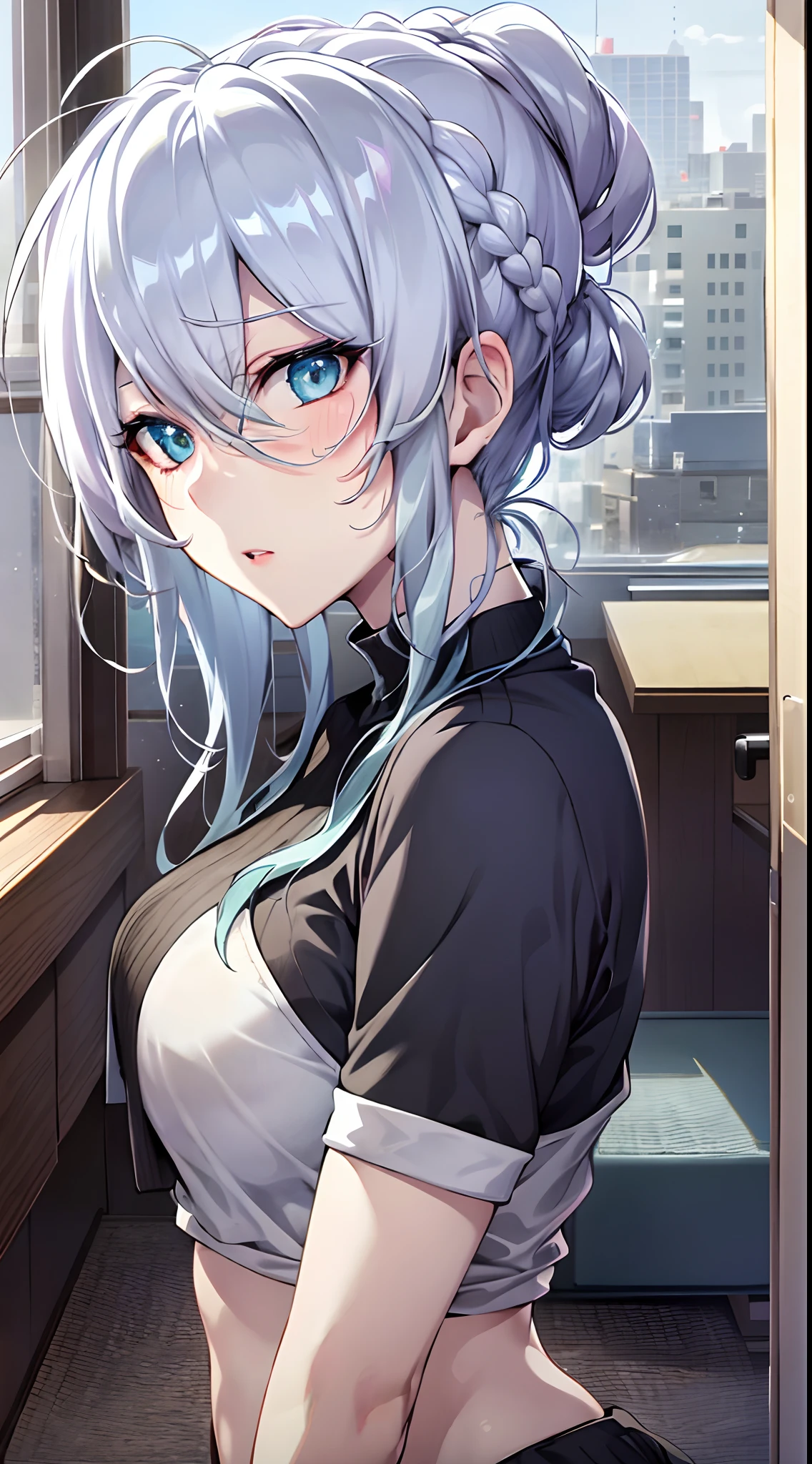 Yukino in school, silver hair, short hair, white shirt and no bra, anime visual of a cute girl, screenshot from the anime film, & her expression is solemn, in the anime film, in an anime, anime visual of a young woman, she has a cute expressive face, still from anime, big breast, red cheek, lustful face, fair skin