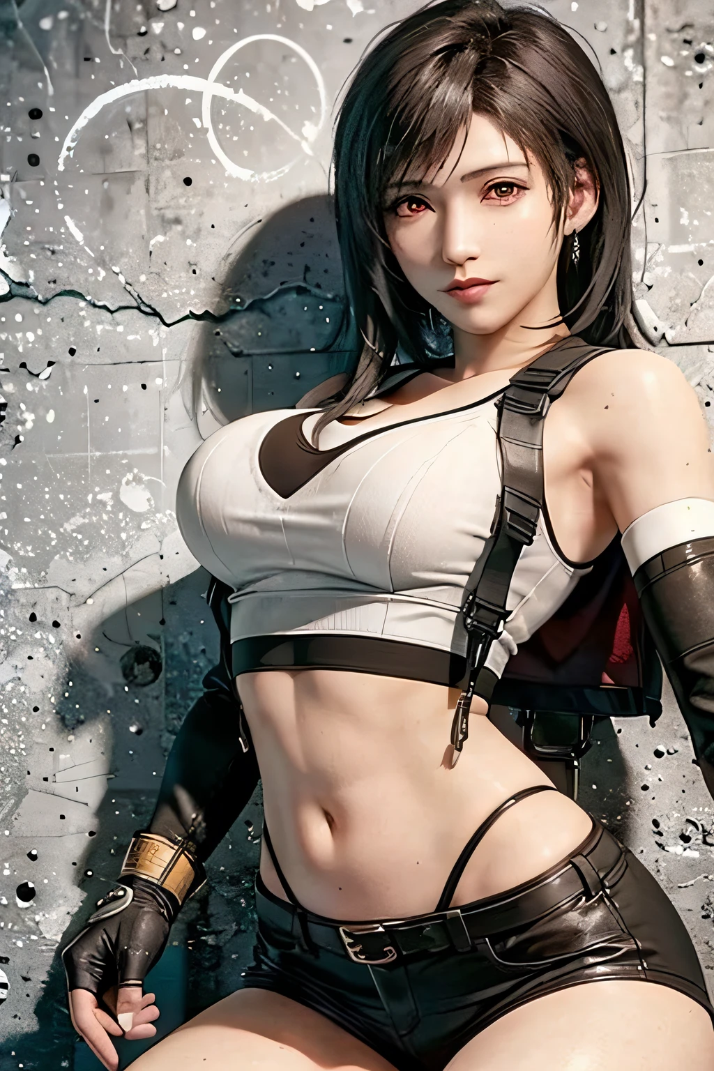 (​masterpiece), (top-quality), 8K分辨率, ultra-detailliert, ultra-detailliert, realisitic, a picture, photorealisim, (1girl), tifa, Final Fantasy VII, Tifa Lockhart, concrete wall,metal pipes,Details red eyes,Detailed double eyelids,Short Hair Dark Brown Color,slender figure,Model body type,bustＢcups,skinny thigh、skinny legs