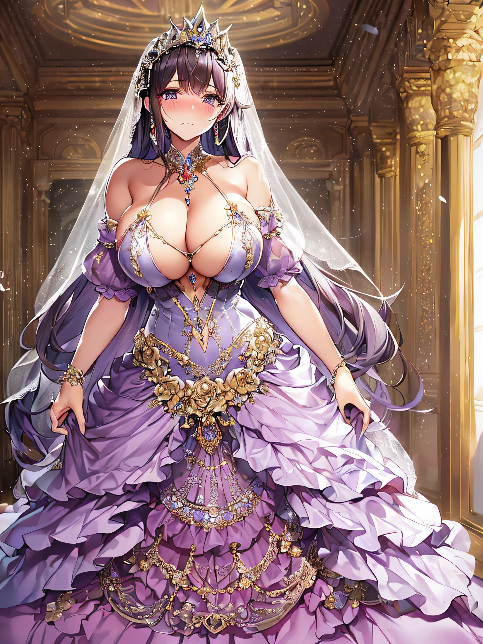 ((anime artstyle)),(Masterpiece),(Best Quality), (Super Detail),((Very Delicate and Beautiful)),(((Solo))),((full body)),standing,(((1 bling-bling princess in beautiful embroidery and jeweled gorgeous See-through wedding ball gown dress with voluminous full length hoop skirt))),bling-bling,Long train,(bling-bling gorgeous gemstone jewelry),detailed face and eyes,jewel-like eyes,cry,((embarrassed)),anguish,((large amount of straight hair,extremely voluminous Very Long Hair,Very Long Straight Hair)),(((gigantic tits,Long tits))),cleavage,(gorgeousfull embroidery and lace),gorgeous corsage,See-through,extremely gorgeousfull hair ornament,((bling-bling extremely gorgeousfull jeweled tiara)),(long bridal veil),ornate ruffles,(hoop skirt,crinoline),white lily flowers, flower petals flowing,((Dynamic Angle)),Looking at viewer,((full body)),((beautiful embroidery and jeweled extremely gorgeous See-through wedding ball gown dress with voluminous full length hoop skirt))