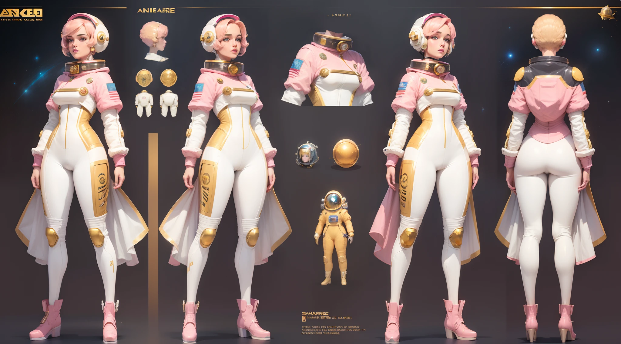 woman space cadet named Anne-Marie, (((Anne-Marie))), detailed face,short pink hair, fullbody, ((golden art deco space suit)), turnaround, character sheet