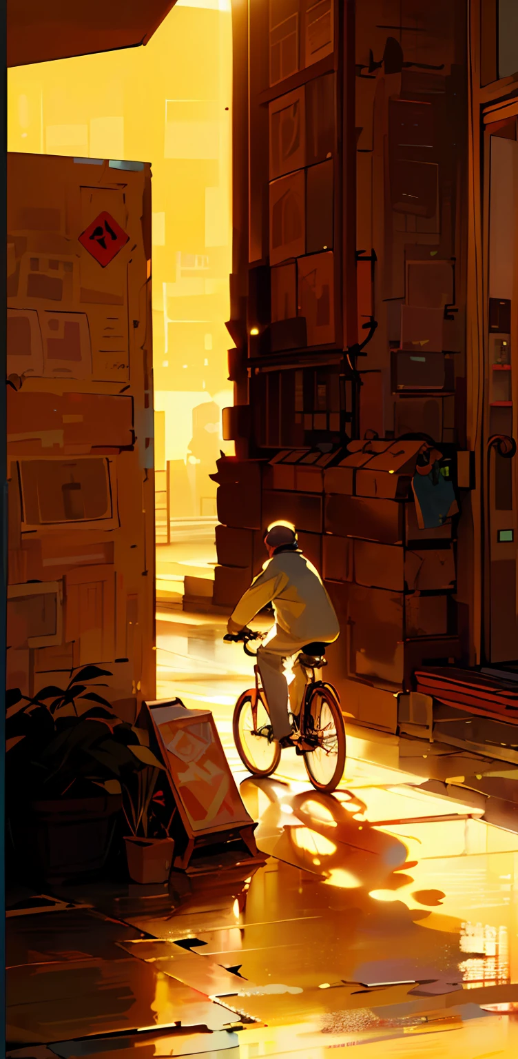 (8K, Best quality, Masterpiece:1.2), (Illustration style，Clean picture），There was a man riding his bike on a street in the sun, There is a door around，Shops on the street，Clean walls，There is a signboard on the wall，afternoon sunlight, Strong sunshine, summer morning light, Warm light, Golden light,