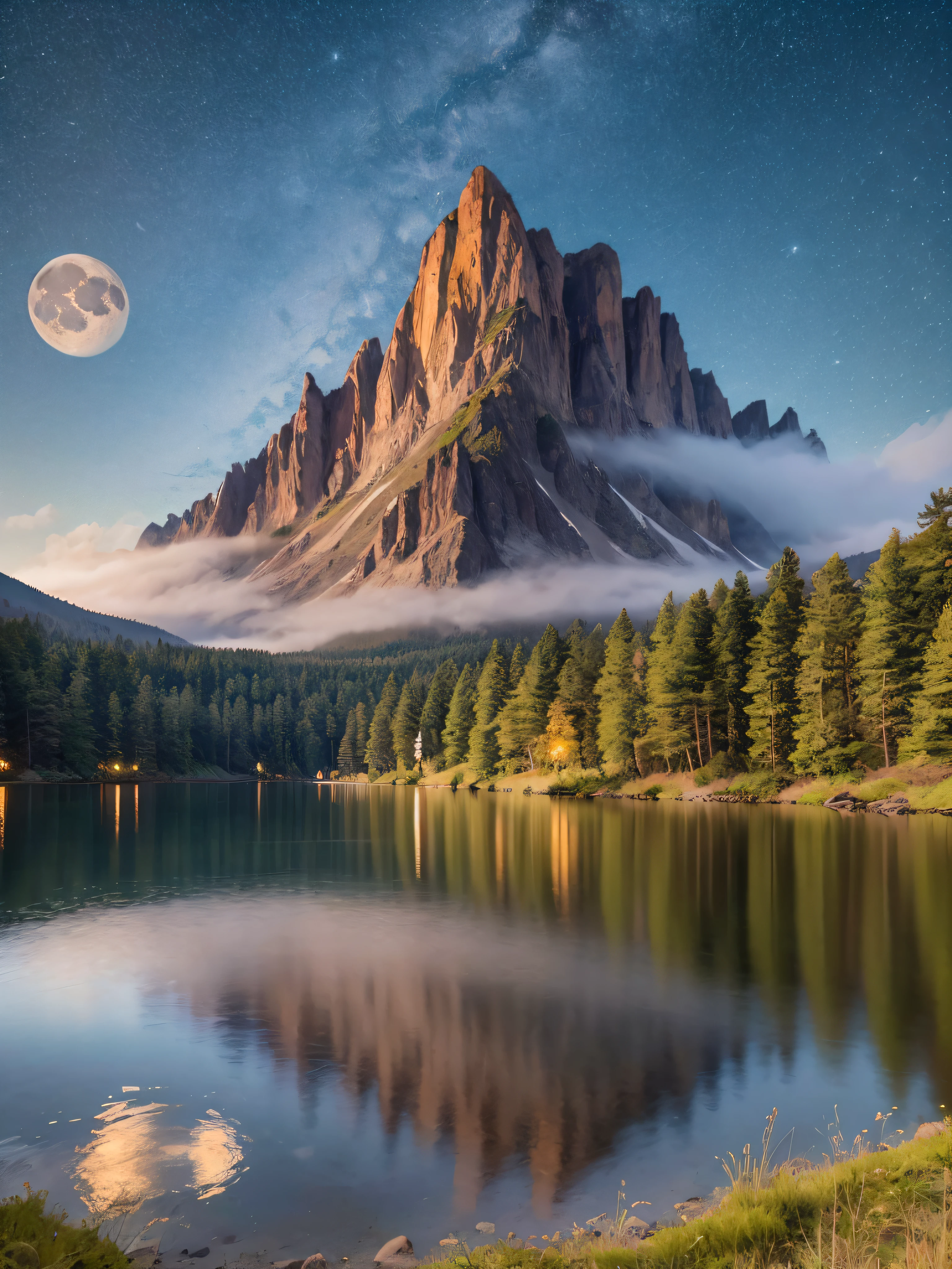 Very starry night. A giant moon behind the mountains. A tranquil lake reflecting the night. Realistic scene, detailed, photorealism, 8k