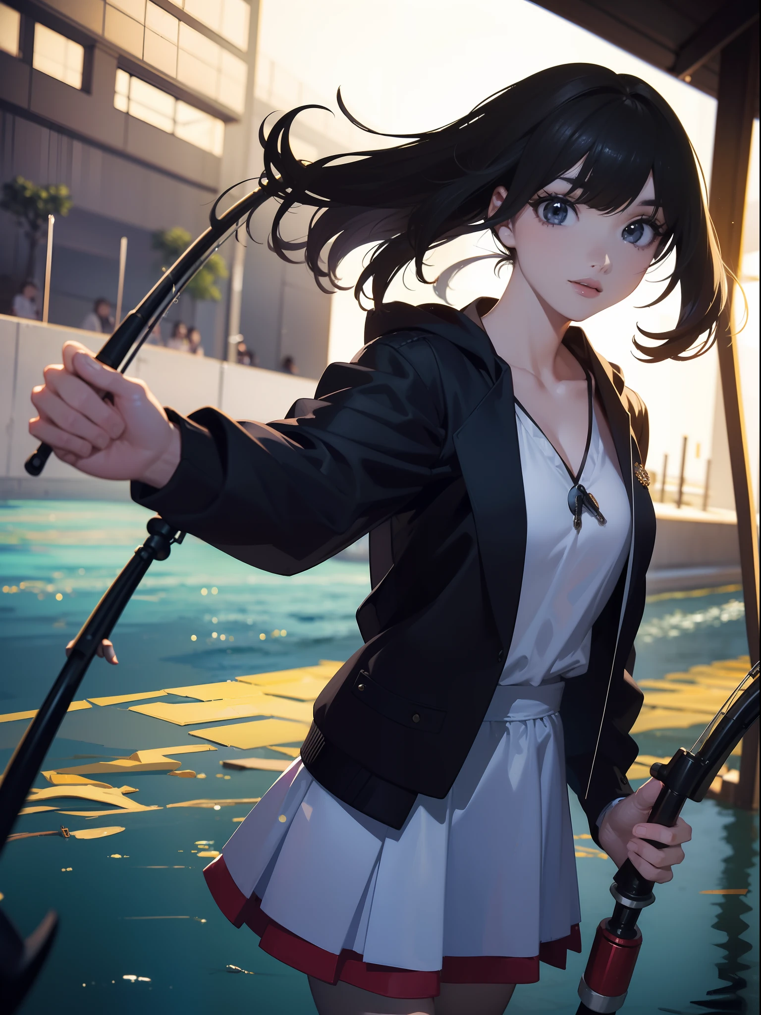 ((((Holding a one fishing rod by the lakeside)))),((Best Quality, masutepiece :1.3)),((( large mouth bass))),hight resolution,ultra-detailliert,Official art,Beauty and aesthetics,masterpiece,best qualtiy,ighly detailed,(1 Japanese woman),Black hair, long eyeslashes, Solid Circle Eyes, deadpan, drop shadow, Atmospheric perspective,Super Detail, ccurate, Best Quality, small tits,(Black jacket:1.1),top-quality, 8K, nffsw, Hi-Res, absurderes:1.2, blurry backround, bokeh dof:1.2, a picture, (Raw photography:1.2), (Photorealsitic:1.4), (masterpiece:1.3), (intricate detailes:1.2), Atmospheric perspective,Super Detail, ccurate, Best Quality,