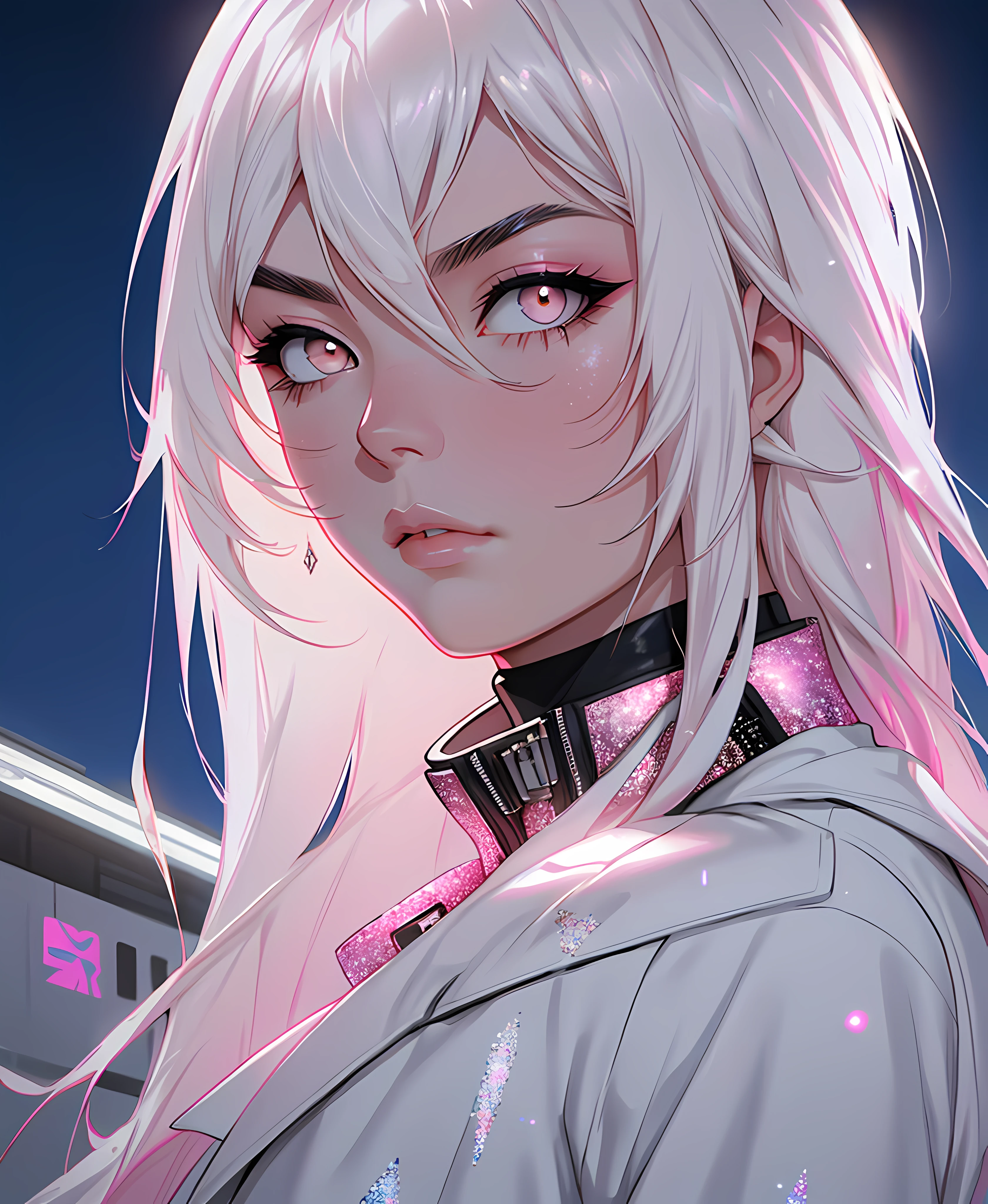 masterpiece, highest quality, (solo focus), (perfect face:1.1), (high detail:1.1), dramatic, 1guy, (pale skin), long white hair, white eyes, [light eyebrows], solo, long hair, moon, night, white luxury suit, covered navel, pouty lips, covered, futuristic city, detailed background, art by artgerm, cinematic lighting, white and pink tetradic colors, cinematic lighting, roses,  balenciaga, glitter