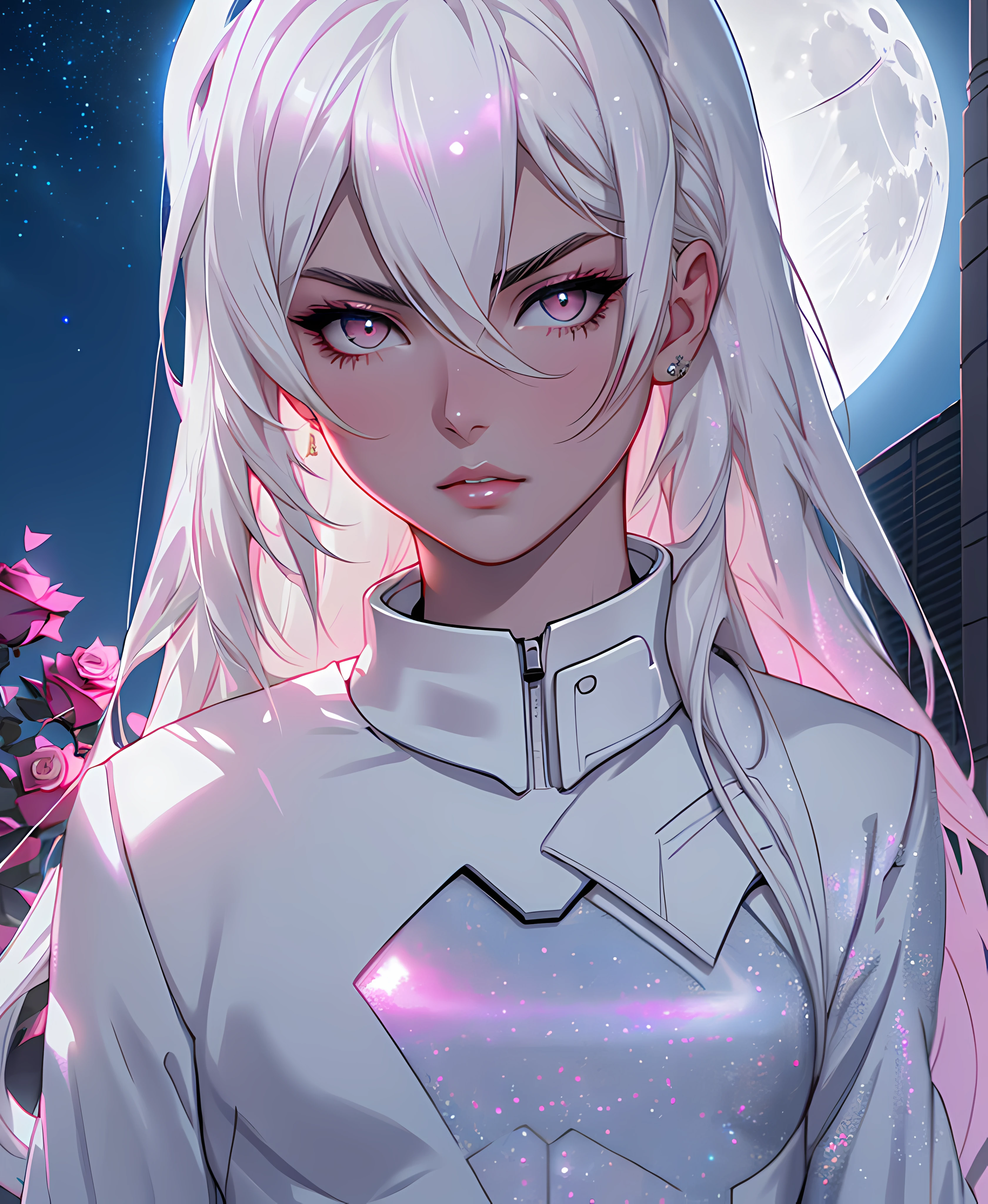 masterpiece, highest quality, (solo focus), (perfect face:1.1), (high detail:1.1), dramatic, 1guy, (pale skin), long white hair, white eyes, [light eyebrows], solo, long hair, moon, night, white luxury suit, covered navel, pouty lips, covered, futuristic city, detailed background, art by artgerm, cinematic lighting, white and pink tetradic colors, cinematic lighting, roses,  balenciaga, glitter