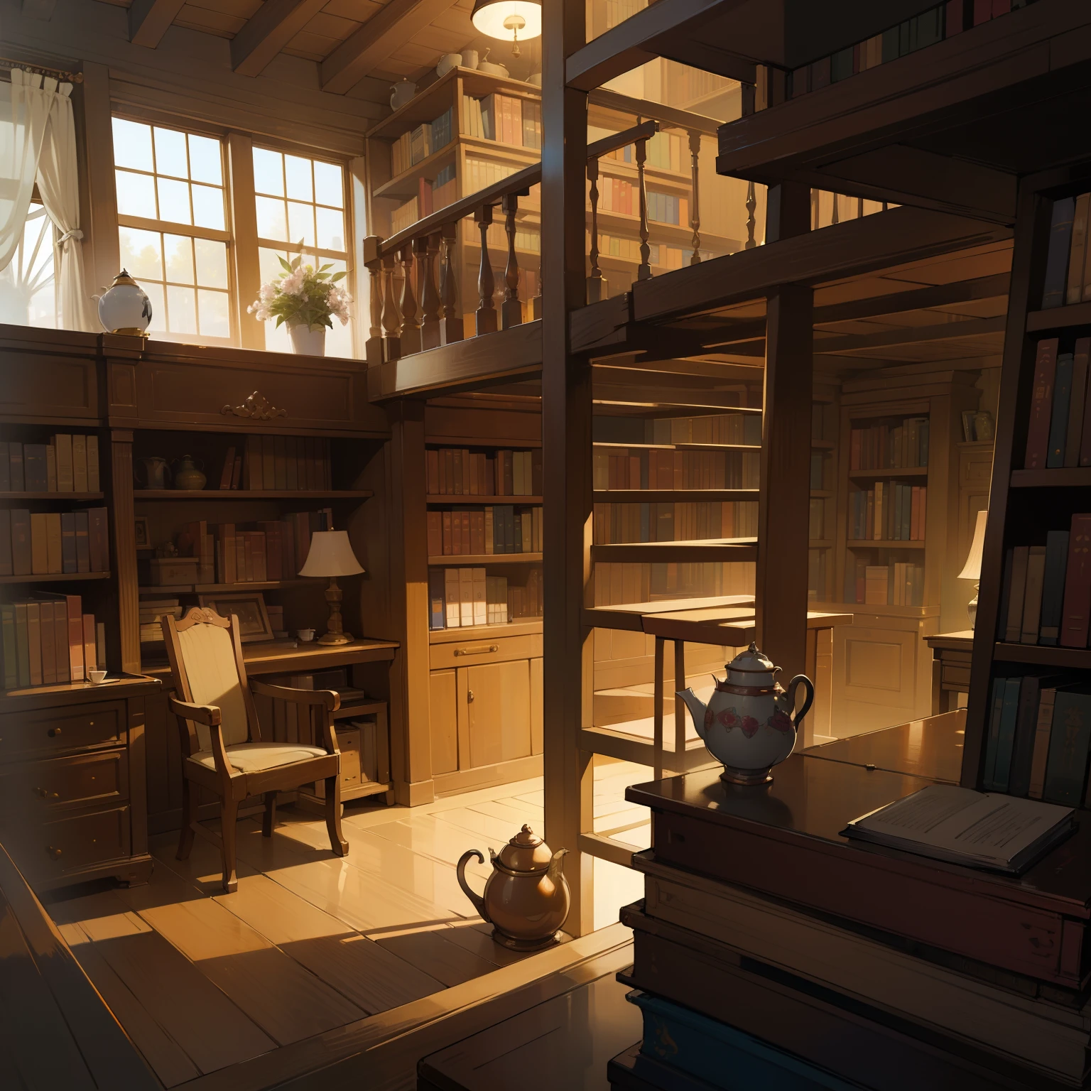 ((Best Quality)), (((masutepiece))), library at night, many book, desk, chair, note, pan, bookshelf, flower pot, table, windows, night view, teapot, tea cup, ladder, stairs, loft