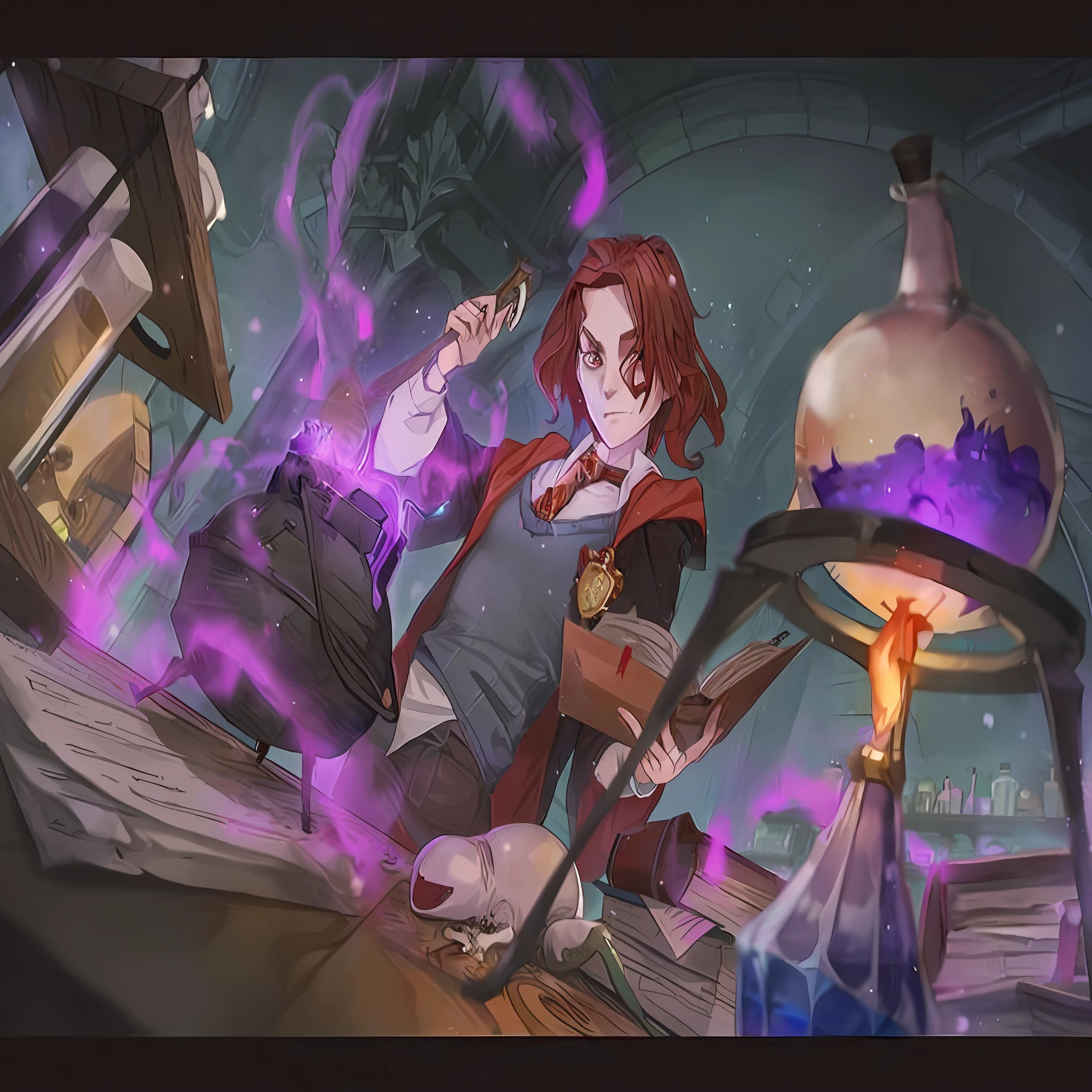 anime big breast, A girl with red hair and a red cloak holds a wand, she is in the potions workshop, casting a spell on a potion, concept art magical highlight, casting spells, magical potions, an arcane wizard casting a spell, The Art of Harry Potter, in a potion shoppe, official fanart, making a potion, harry potter in cyberpunk